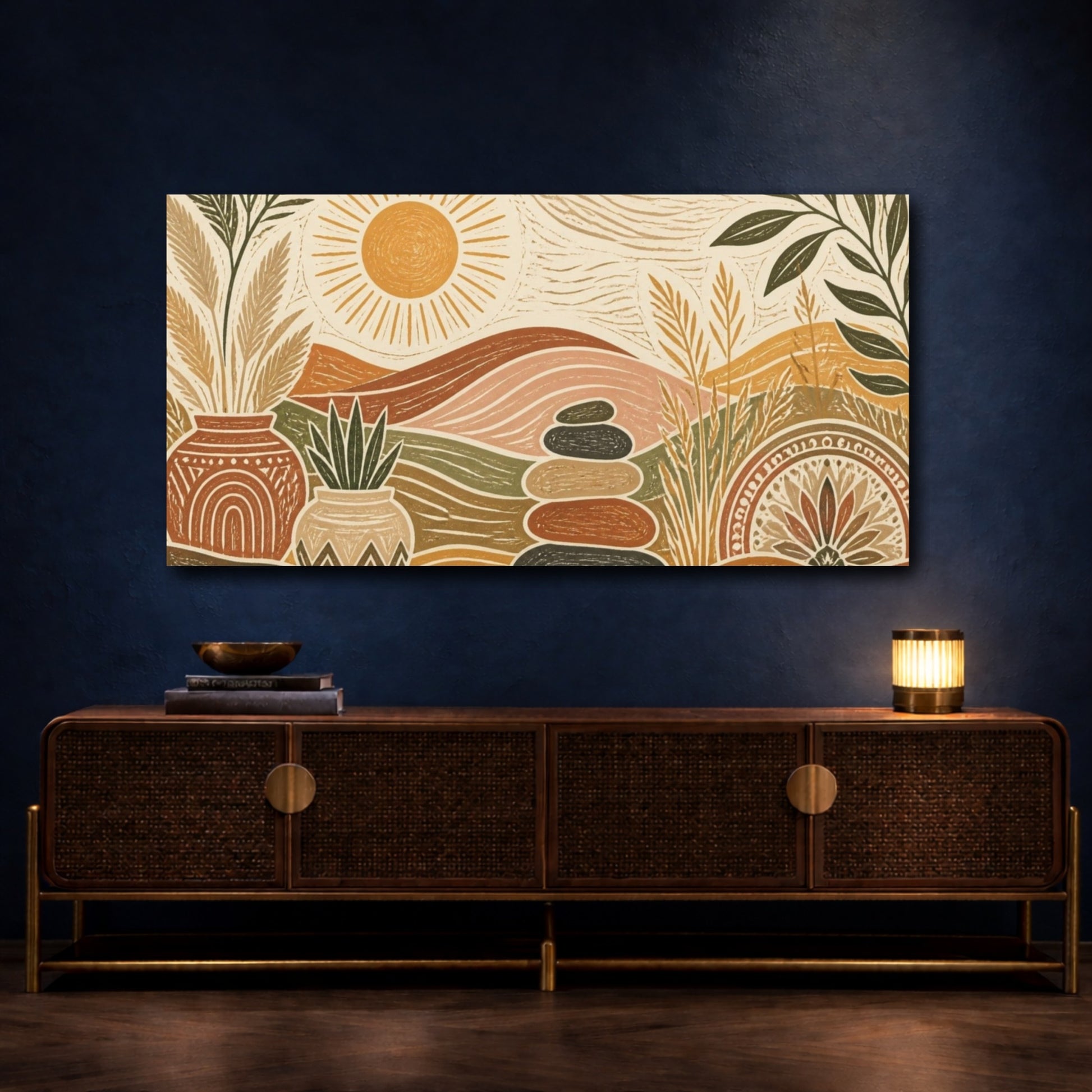 Mockup 4. Boho Sunlit Landscape shown as canvas print