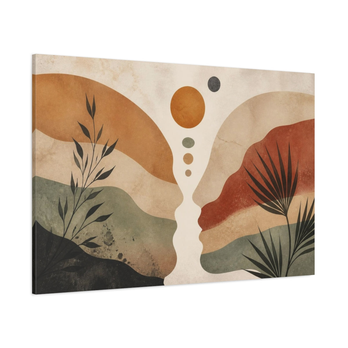 Side Mockup 1. Boho Sunlit Pebble Landscape shown as canvas print