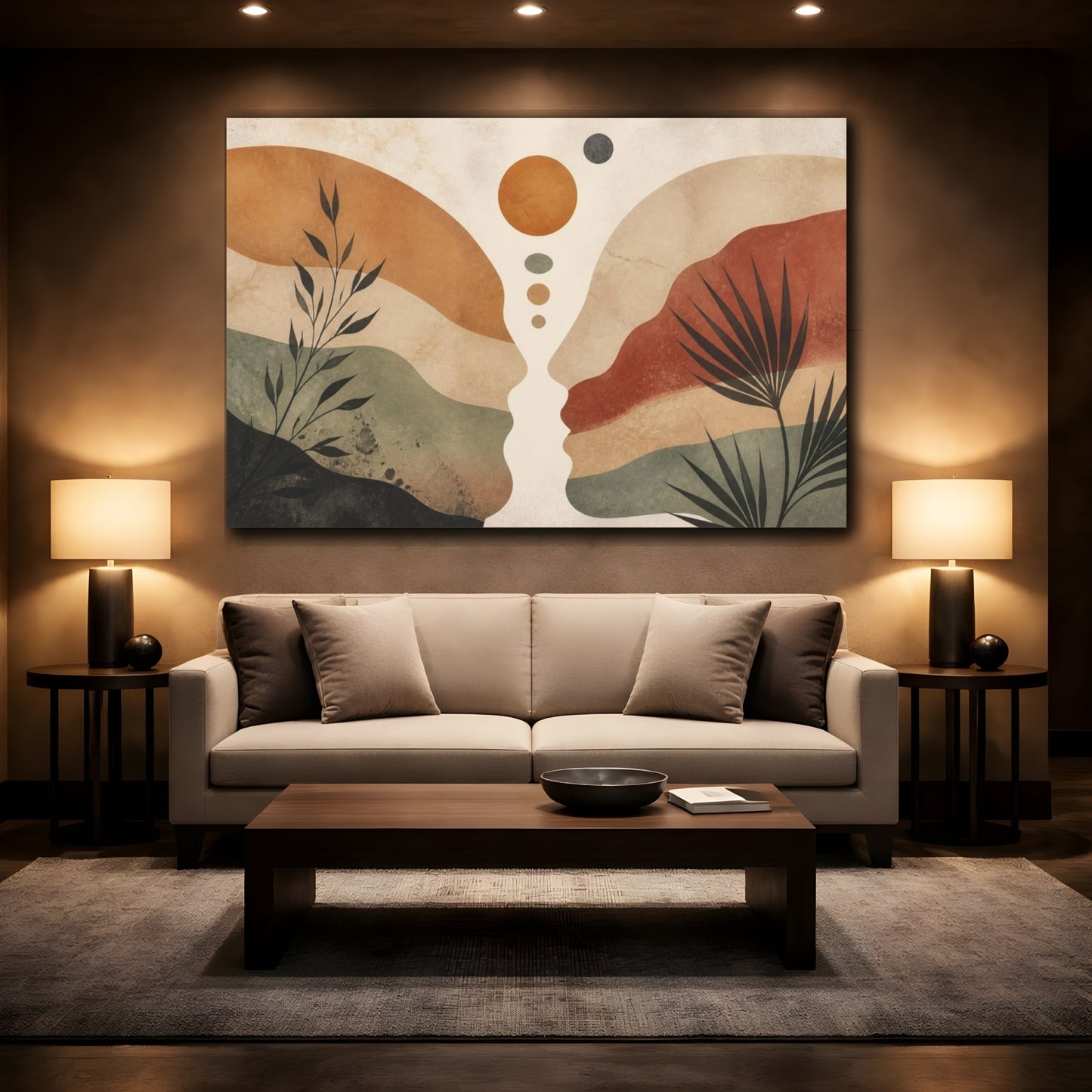 Mockup 2. Boho Sunlit Pebble Landscape shown as canvas print