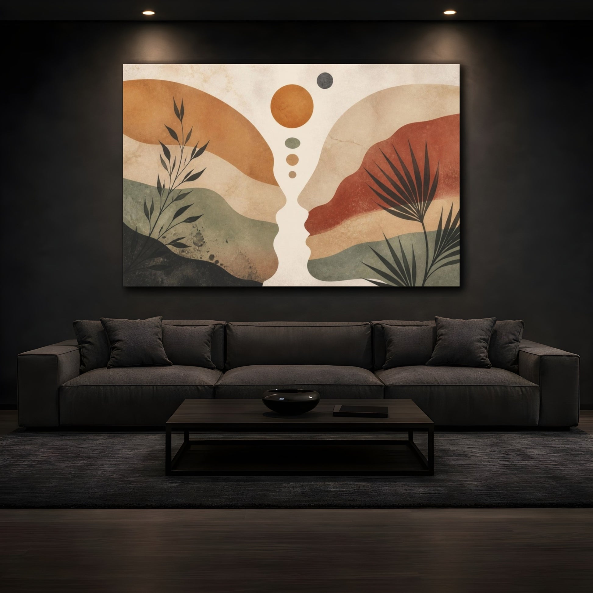 Mockup 3. Boho Sunlit Pebble Landscape shown as canvas print