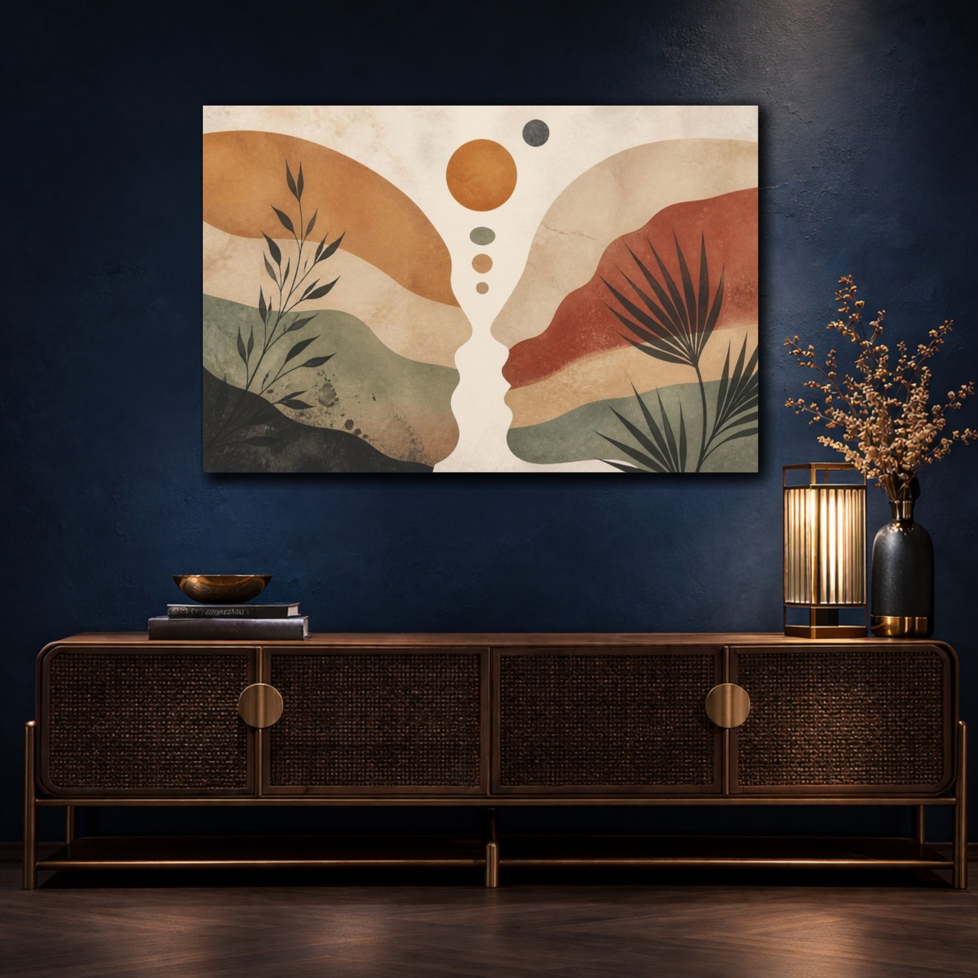 Mockup 4. Boho Sunlit Pebble Landscape shown as canvas print