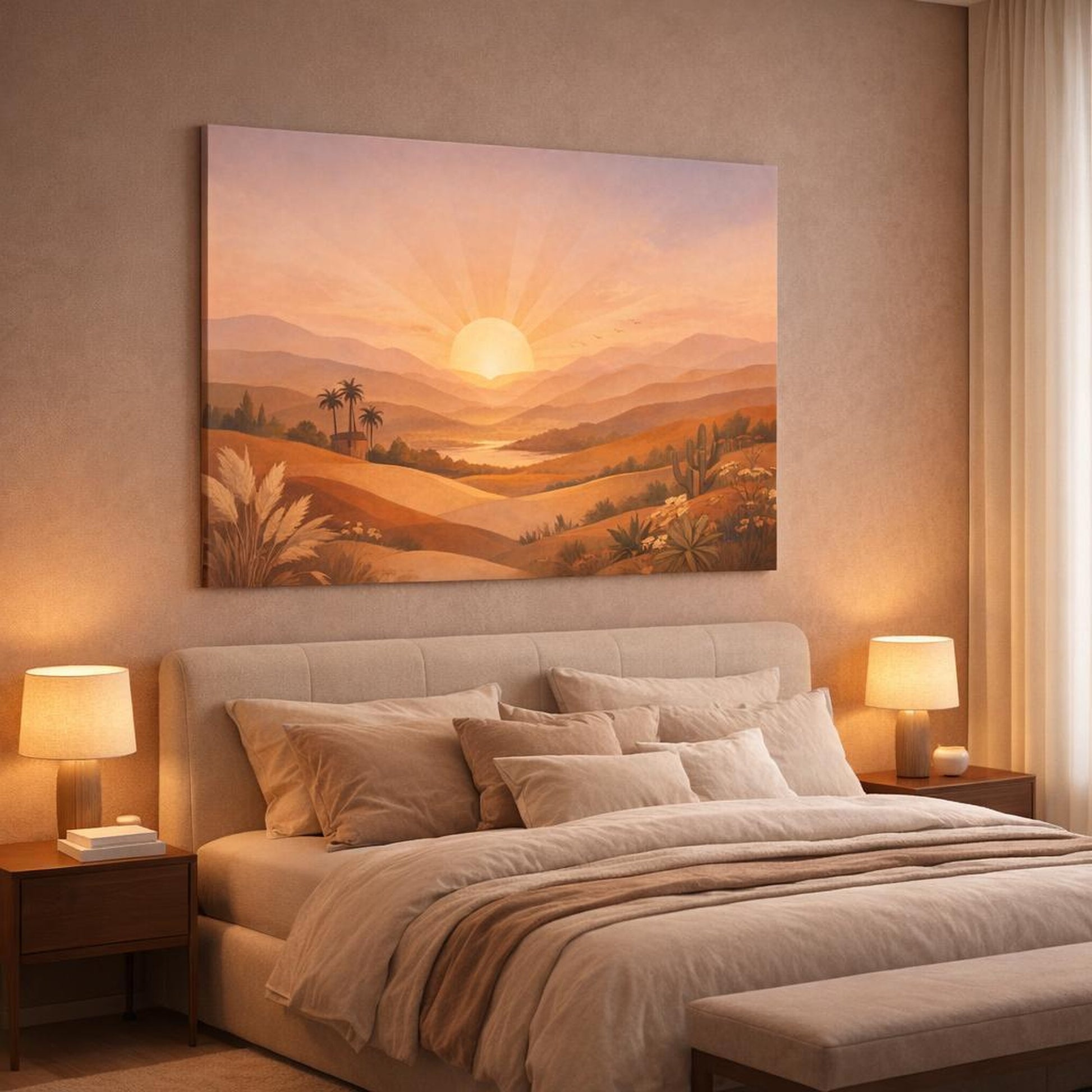 Boho Sunrise Hills shown as canvas wall art in a luxury bedroom