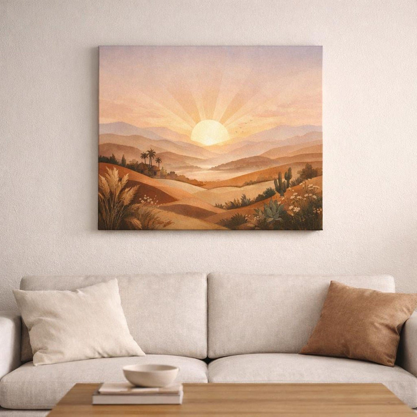 Boho Sunrise Hills shown as canvas wall art in a refined dining room