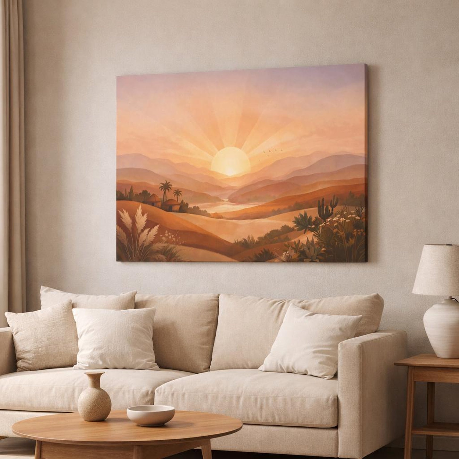 Boho Sunrise Hills shown as canvas wall art in a modern living room