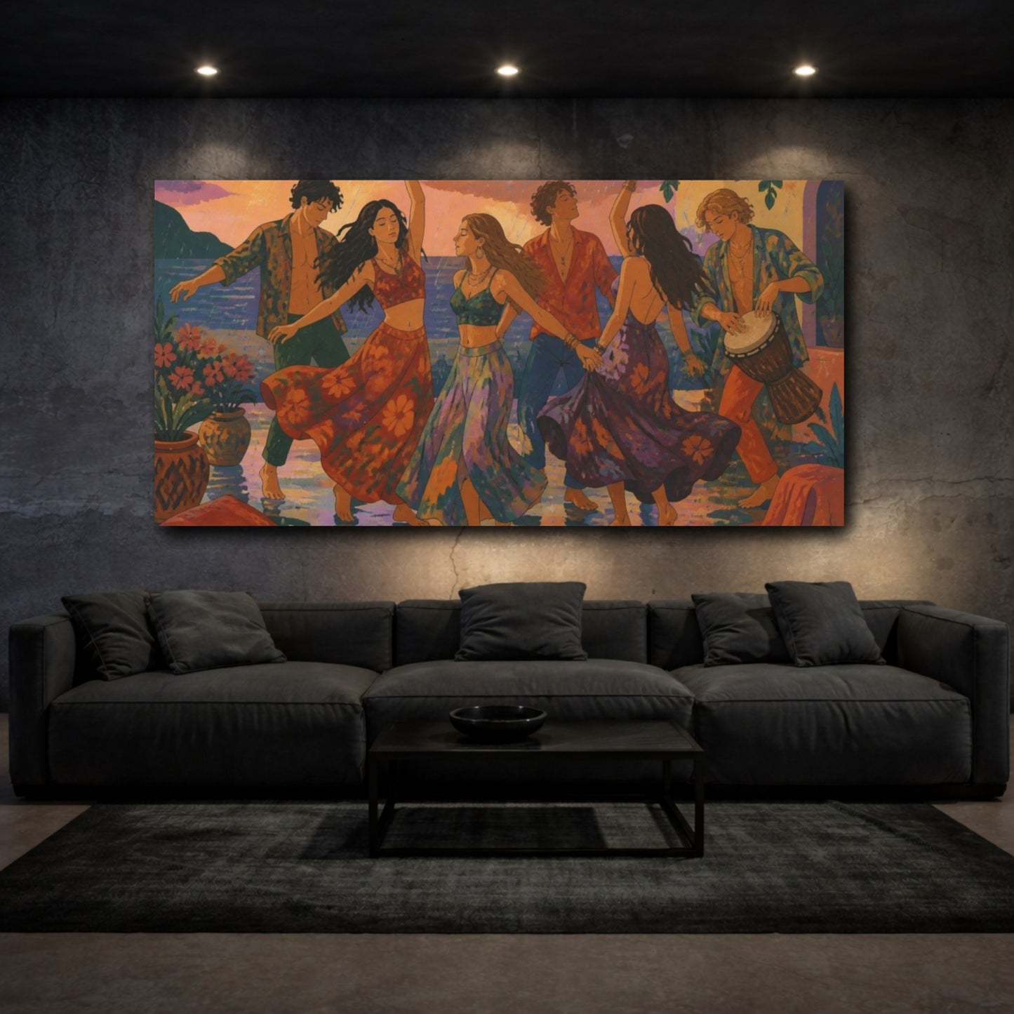 Mockup 3. Boho Sunset Dancers shown as canvas print