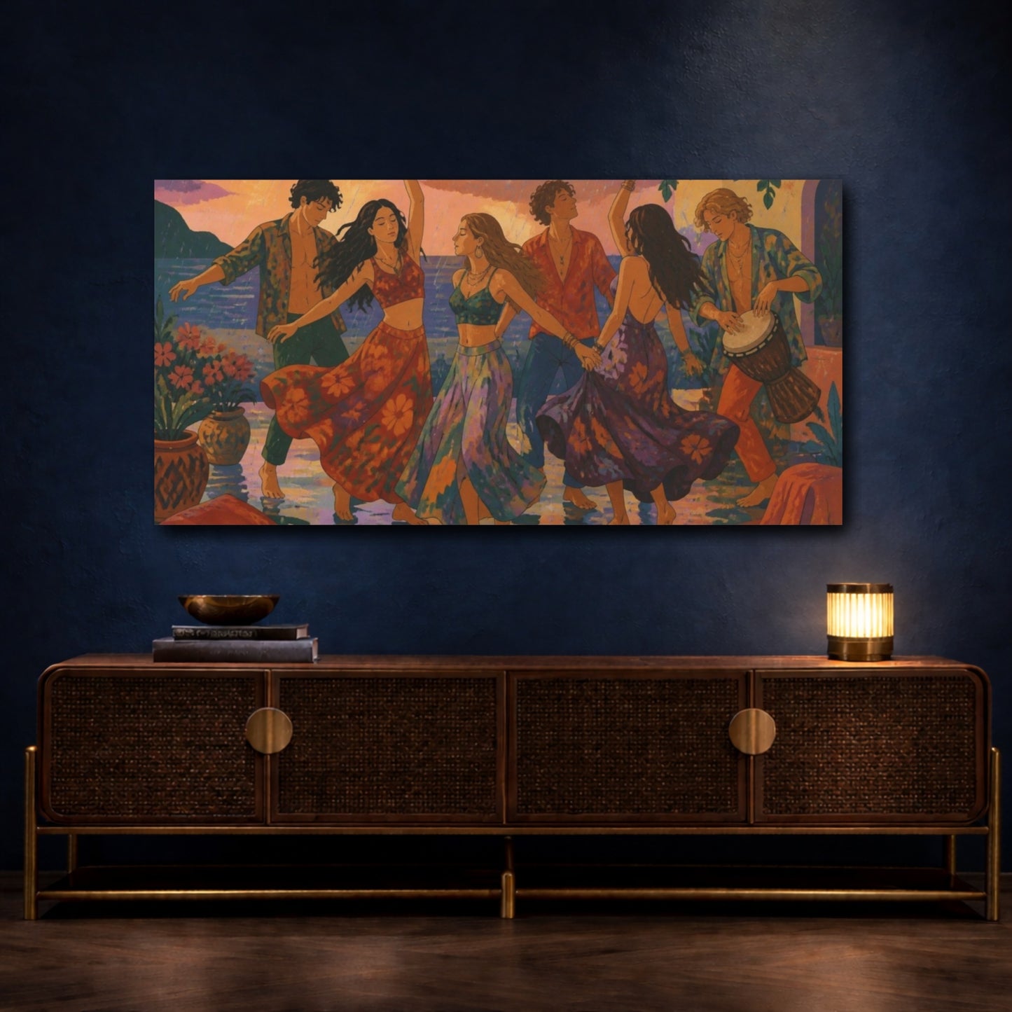 Mockup 4. Boho Sunset Dancers shown as canvas print