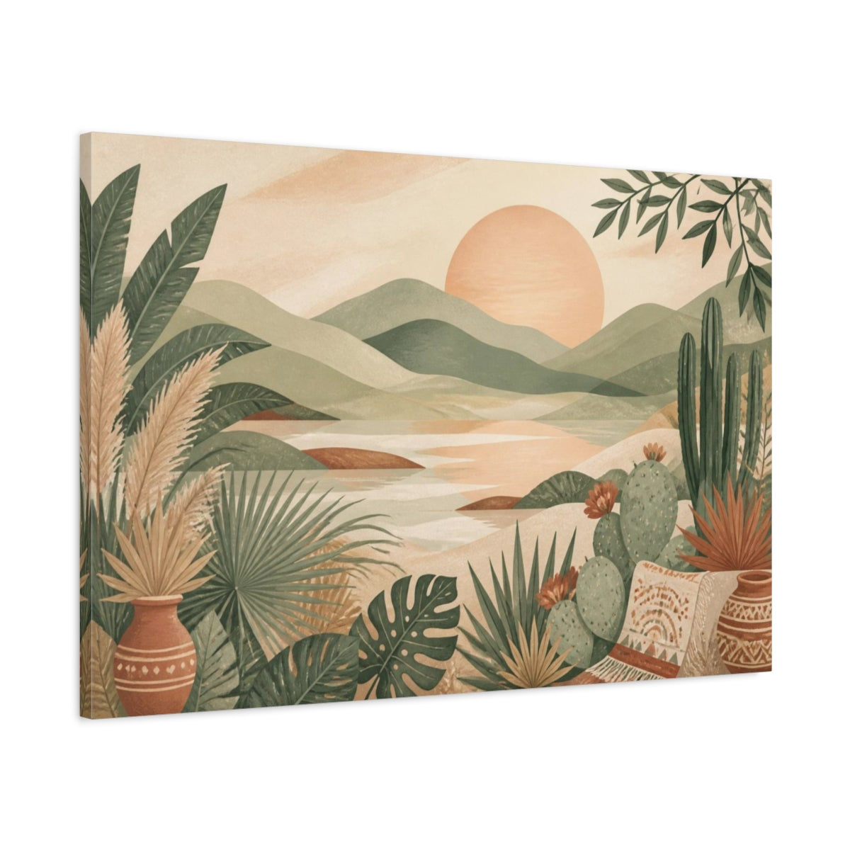 Main Mockup. Boho Sunset Landscape shown as canvas print