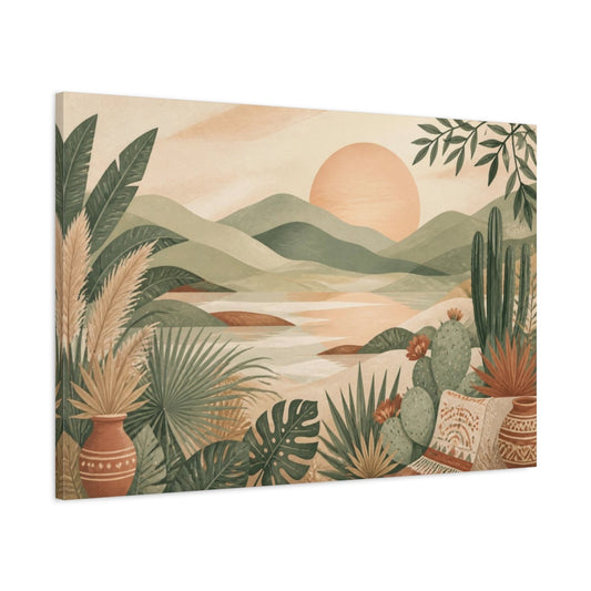 Main Mockup. Boho Sunset Landscape shown as canvas print