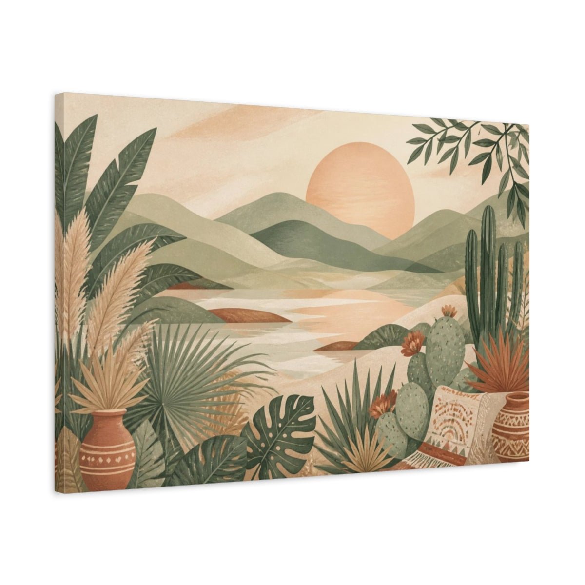 Boho Sunset Landscape Canvas Print – Living Room, Above Fireplace, Sage Green And Pale Apricot - YesArtYes