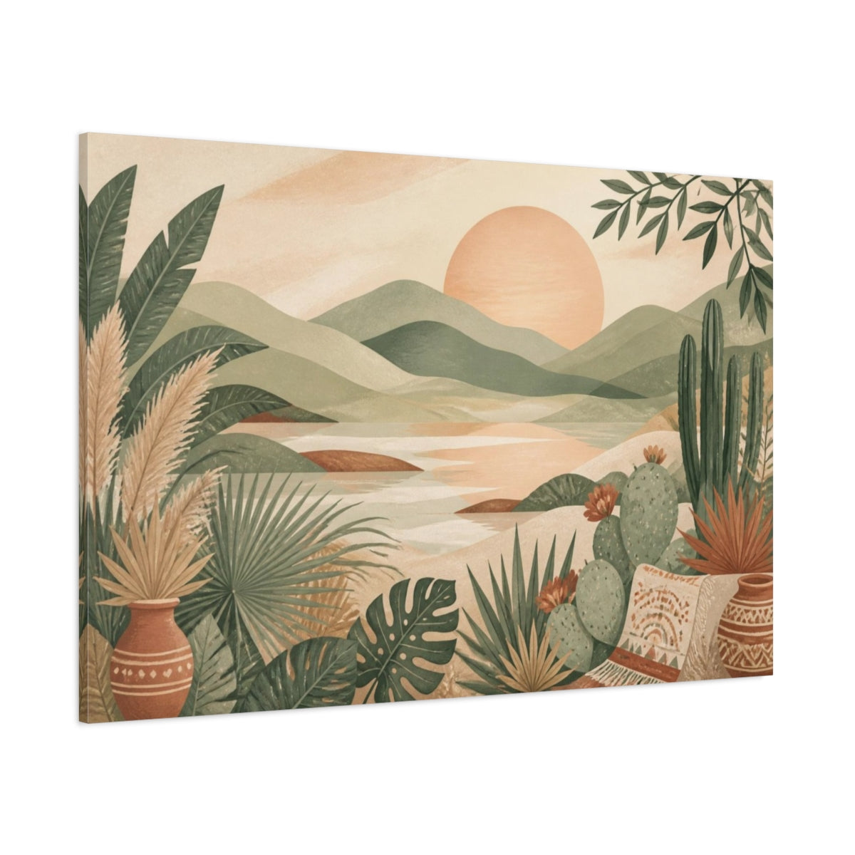 Side Mockup 1. Boho Sunset Landscape shown as canvas print