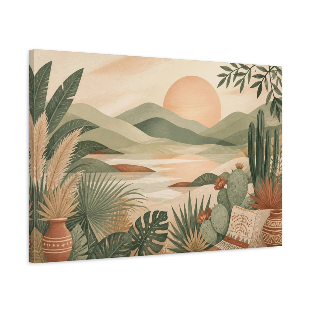 Side Mockup 2. Boho Sunset Landscape shown as canvas print