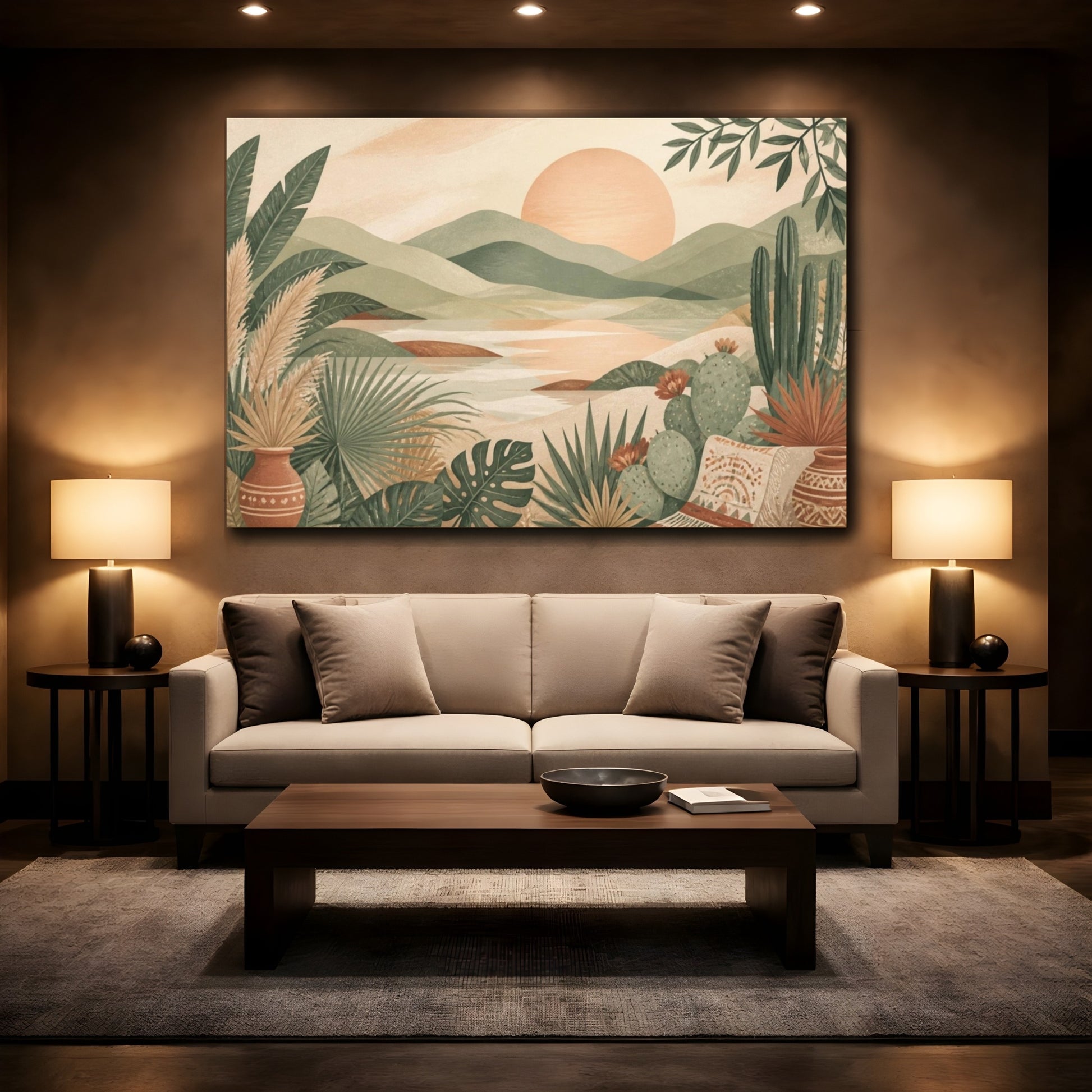 Mockup 2. Boho Sunset Landscape shown as canvas print