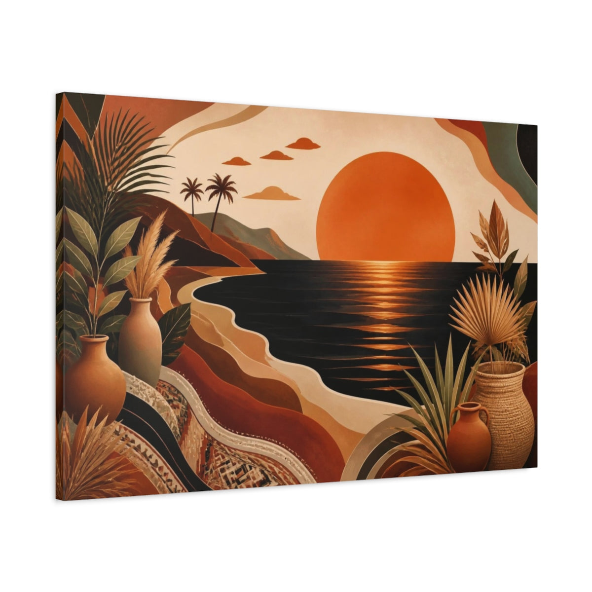 Main Mockup. Boho Sunset Over Ocean shown as canvas print