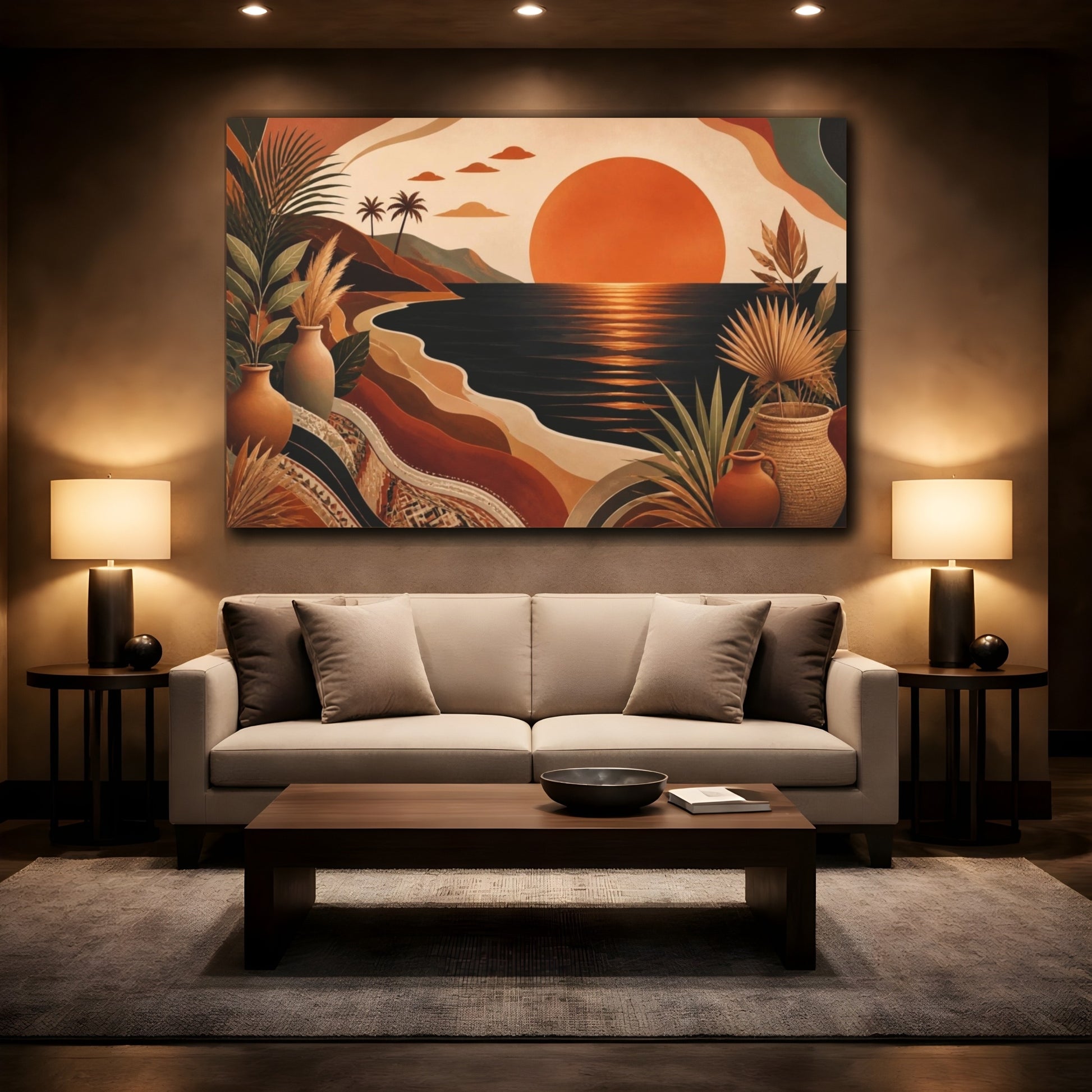 Mockup 2. Boho Sunset Over Ocean shown as canvas print
