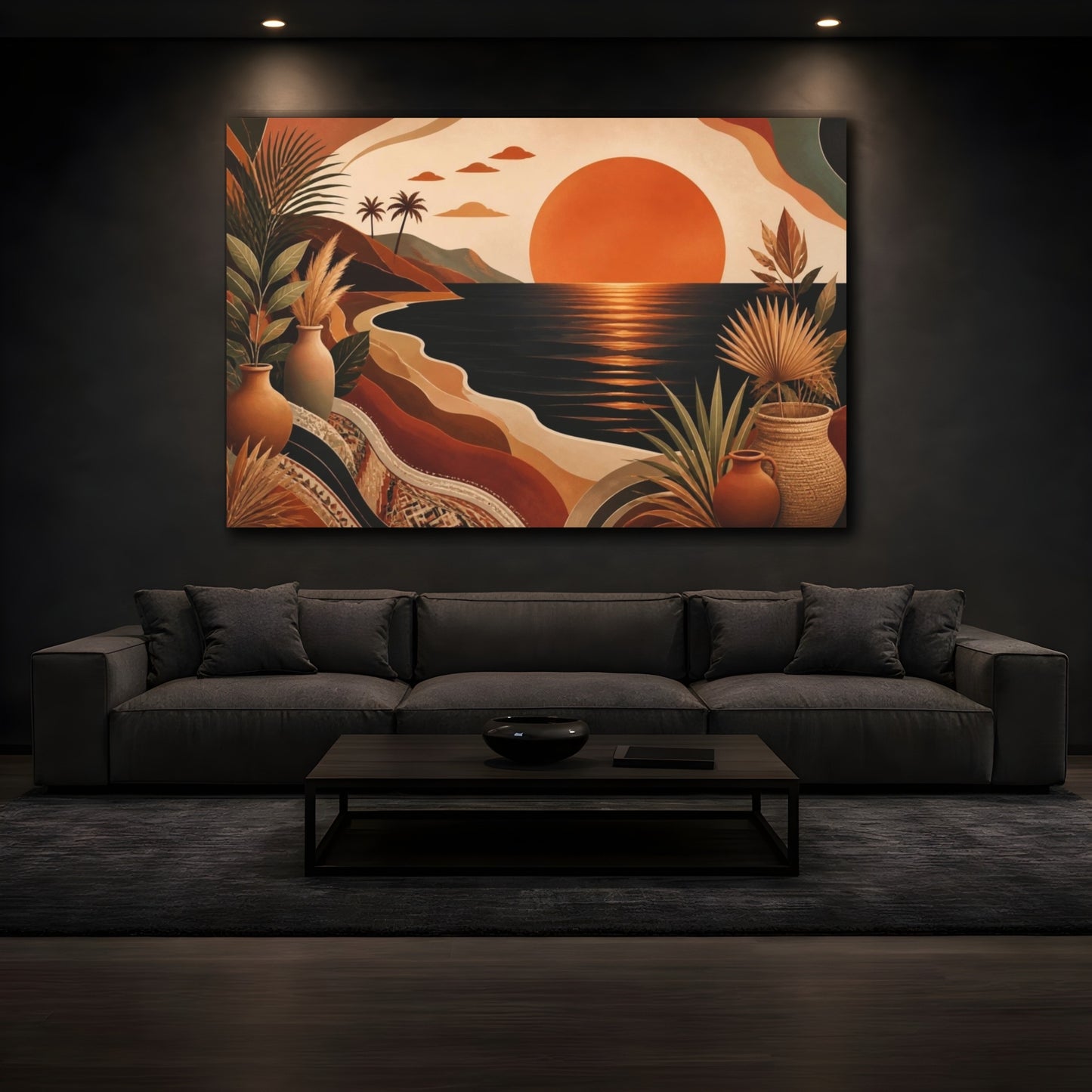 Mockup 3. Boho Sunset Over Ocean shown as canvas print