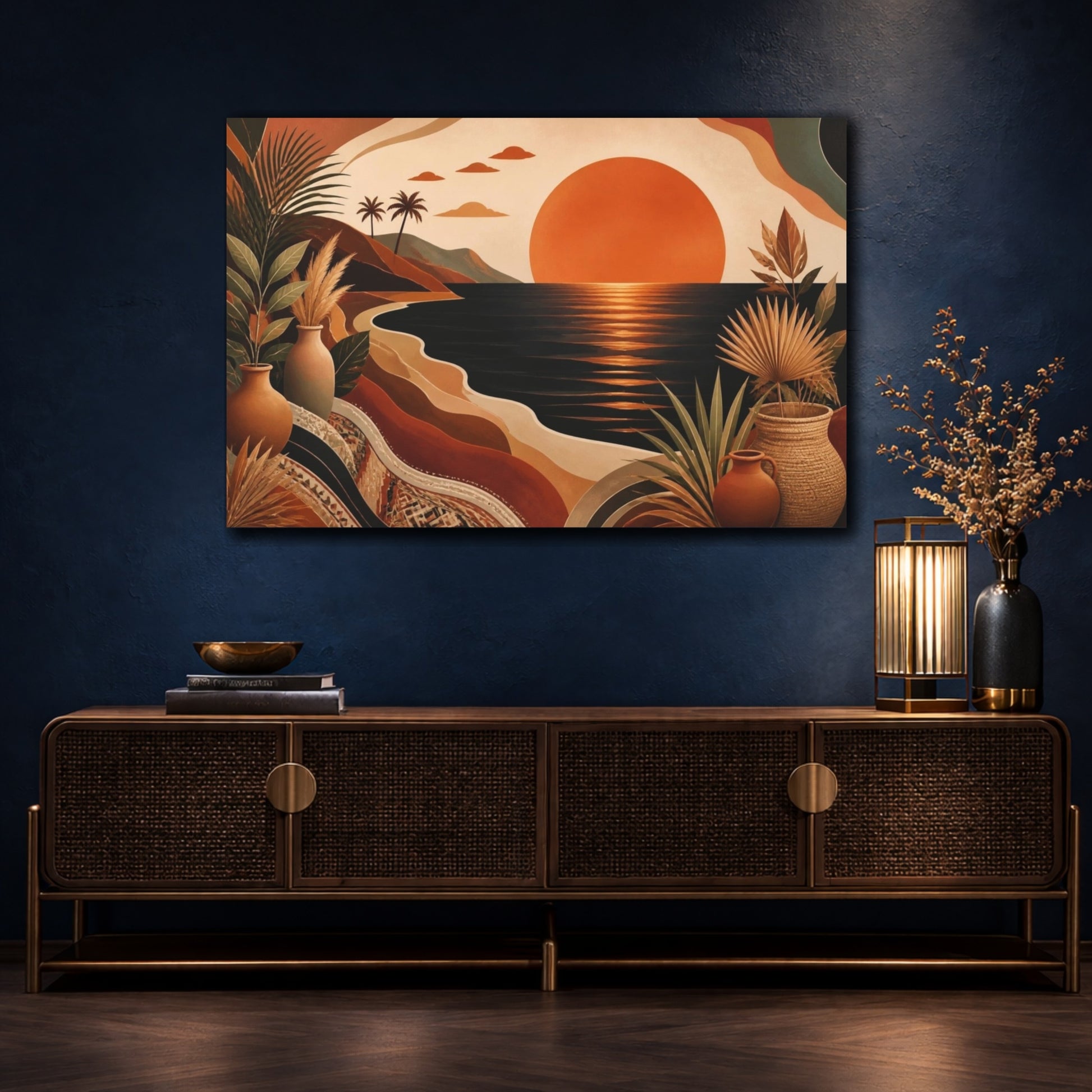 Mockup 4. Boho Sunset Over Ocean shown as canvas print