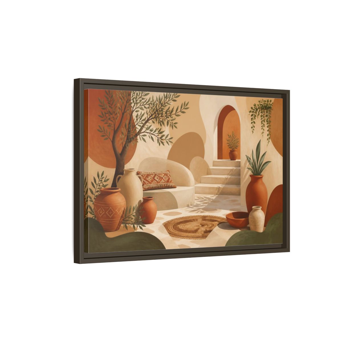 Side Mockup 2. Boho Terracotta Pots Courtyard shown as framed canvas print
