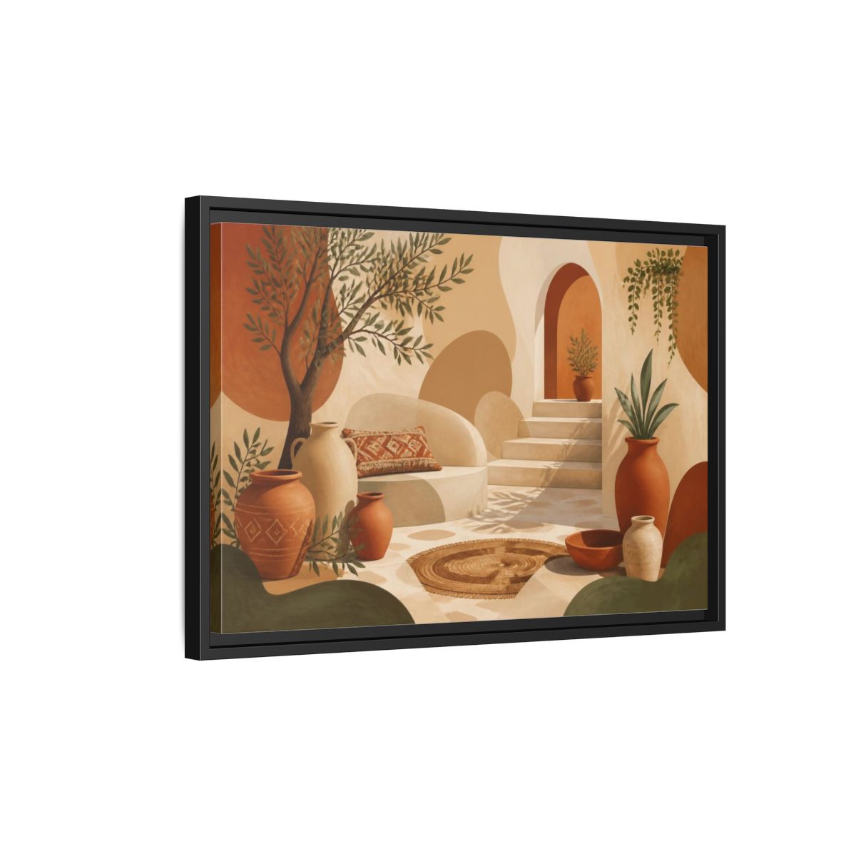 Side Mockup 3. Boho Terracotta Pots Courtyard shown as framed canvas print