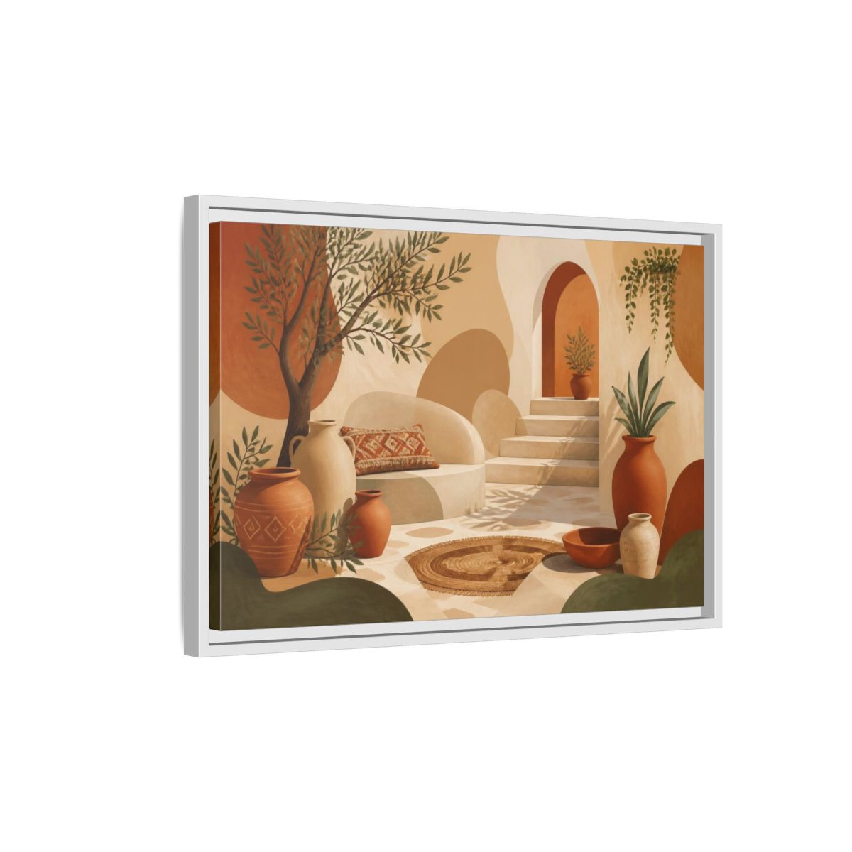 Side Mockup 1. Boho Terracotta Pots Courtyard shown as framed canvas print