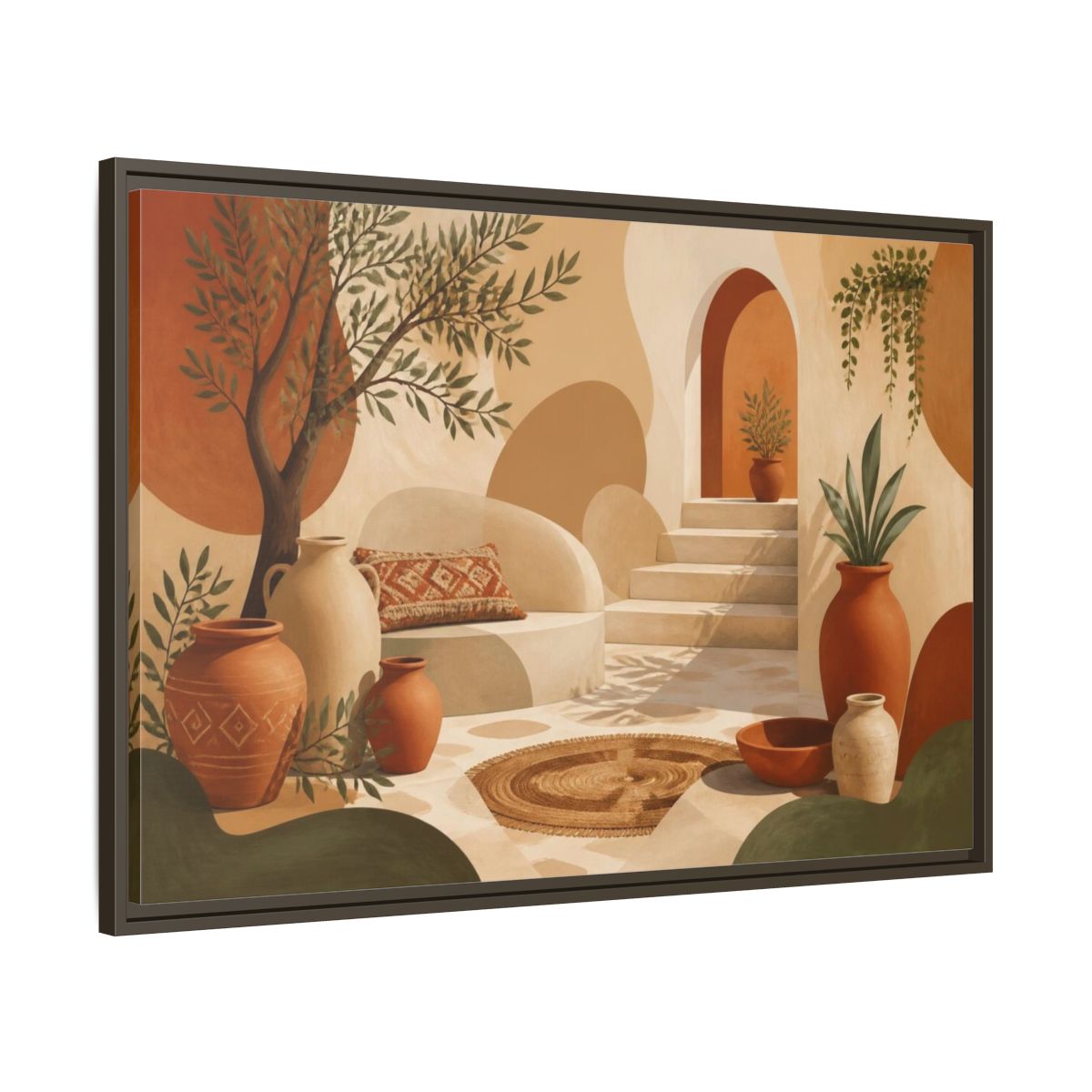 Main Mockup. Boho Terracotta Pots Courtyard shown as framed canvas print