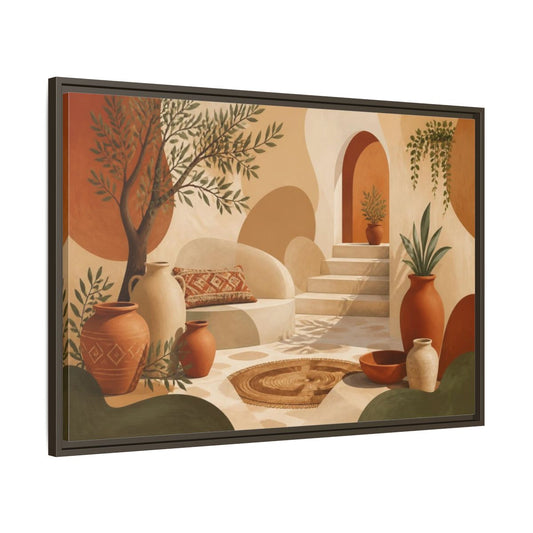 Main Mockup. Boho Terracotta Pots Courtyard shown as framed canvas print