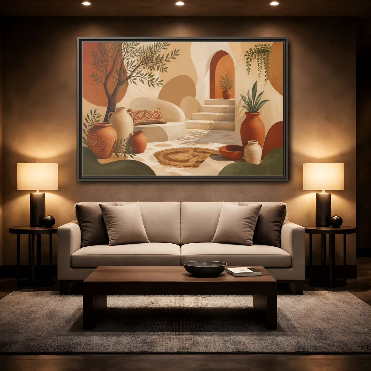 Mockup 2. Boho Terracotta Pots Courtyard shown as framed canvas print