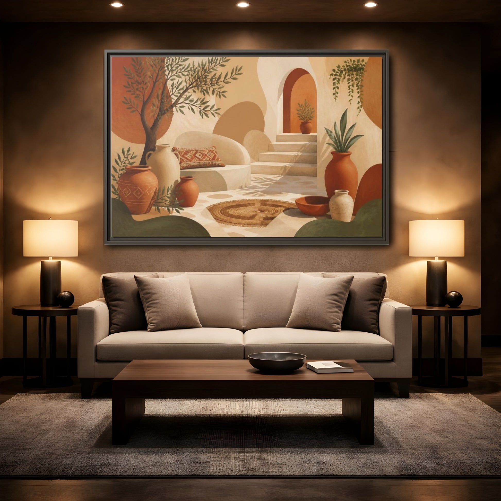 Mockup 2. Boho Terracotta Pots Courtyard shown as framed canvas print