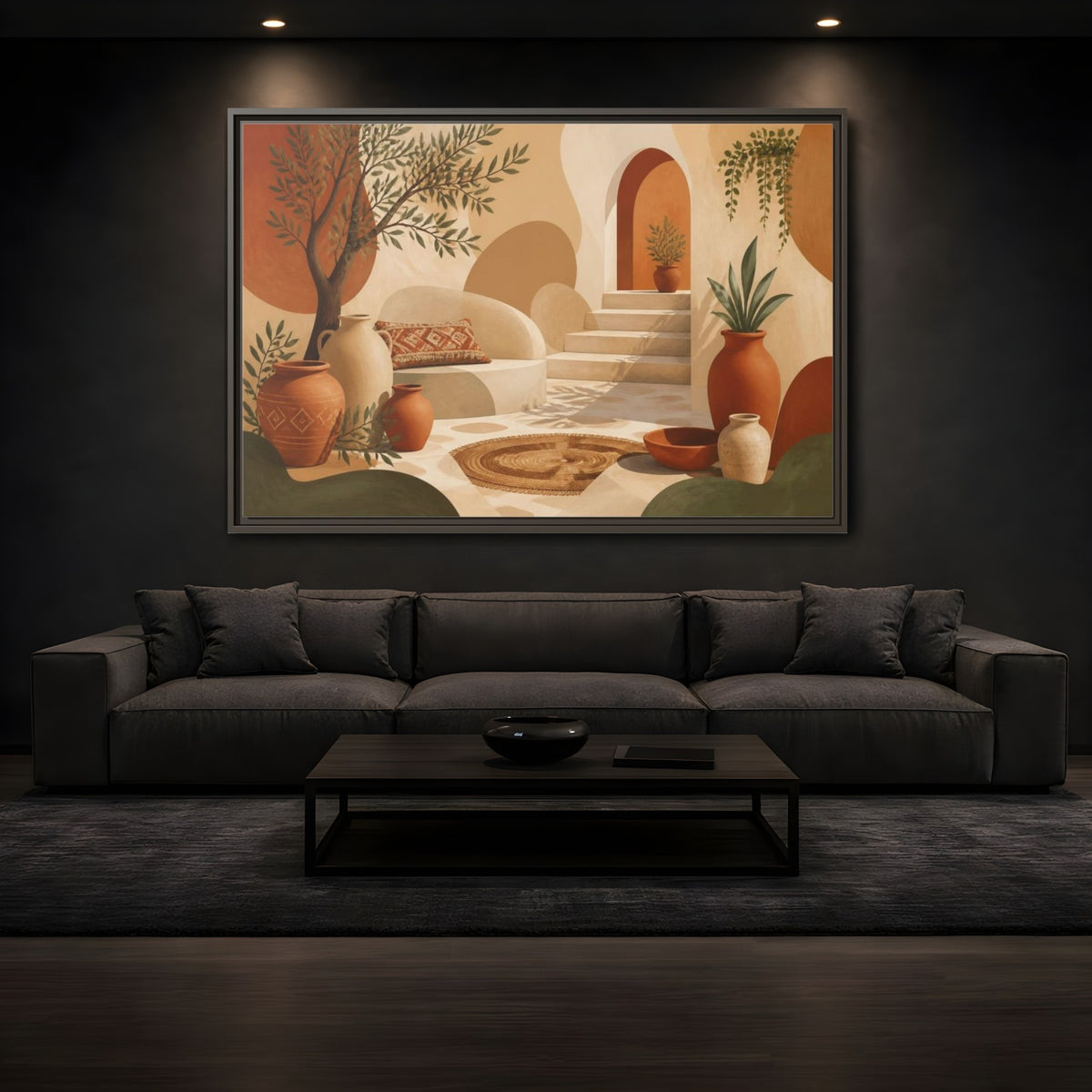 Mockup 3. Boho Terracotta Pots Courtyard shown as framed canvas print