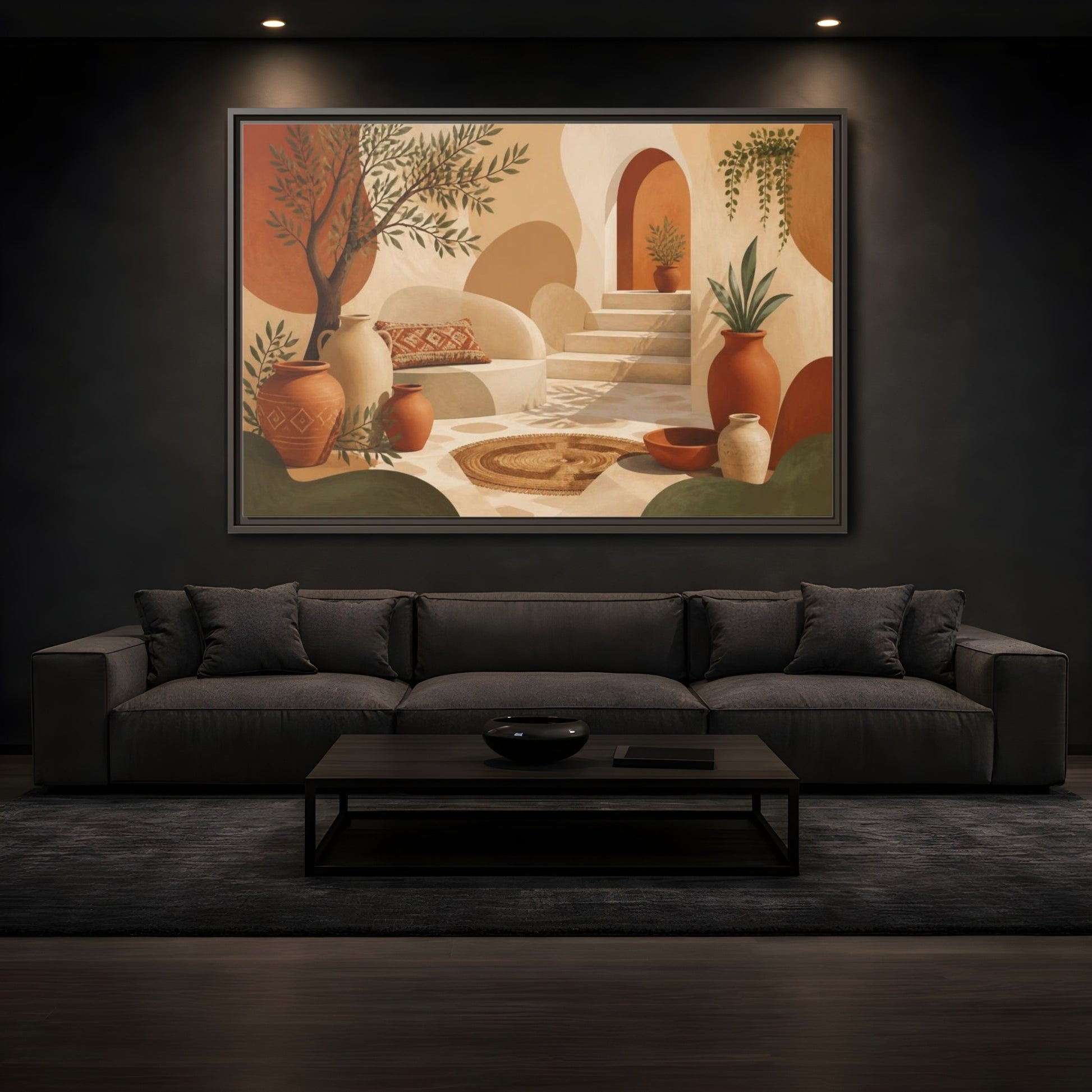 Mockup 3. Boho Terracotta Pots Courtyard shown as framed canvas print
