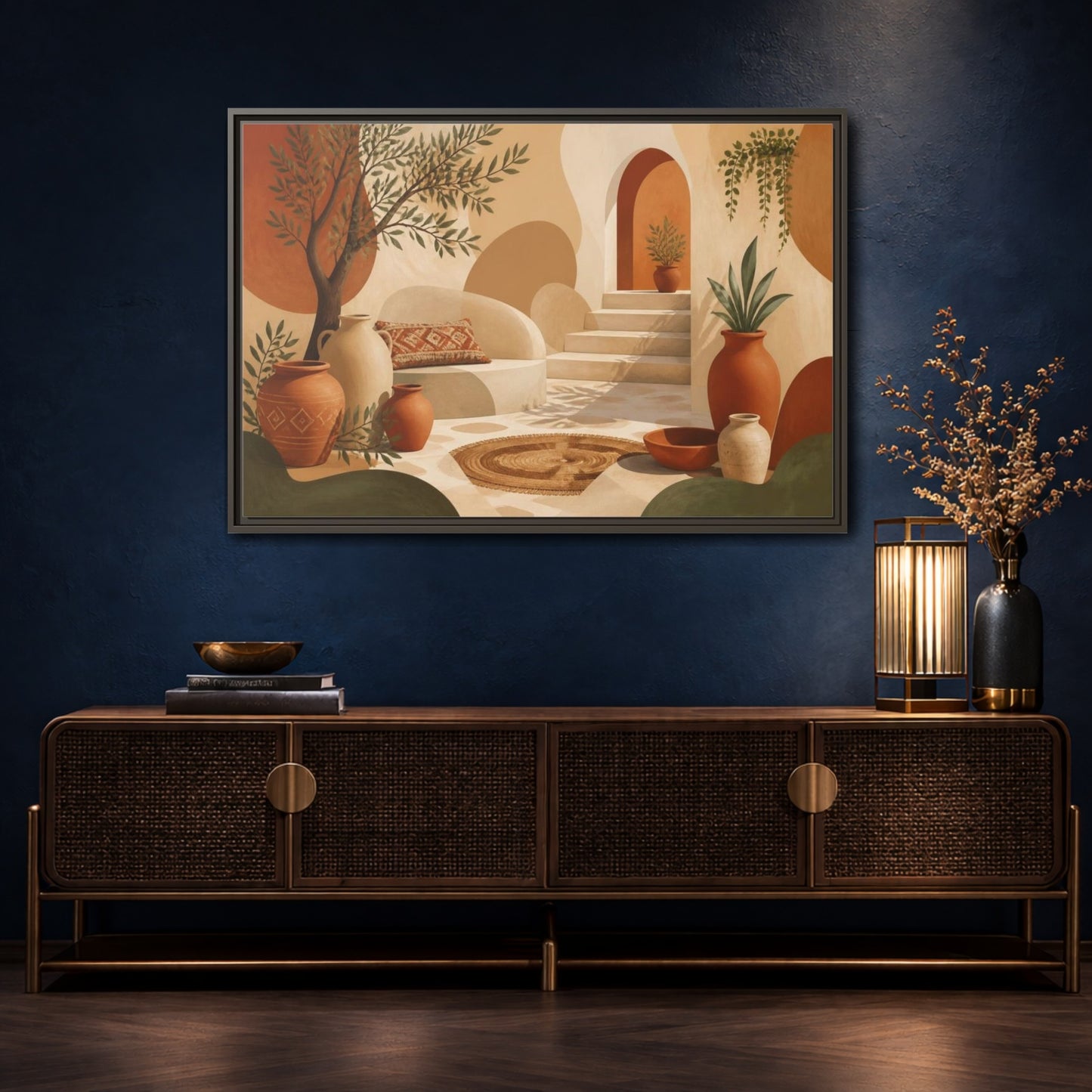 Mockup 4. Boho Terracotta Pots Courtyard shown as framed canvas print