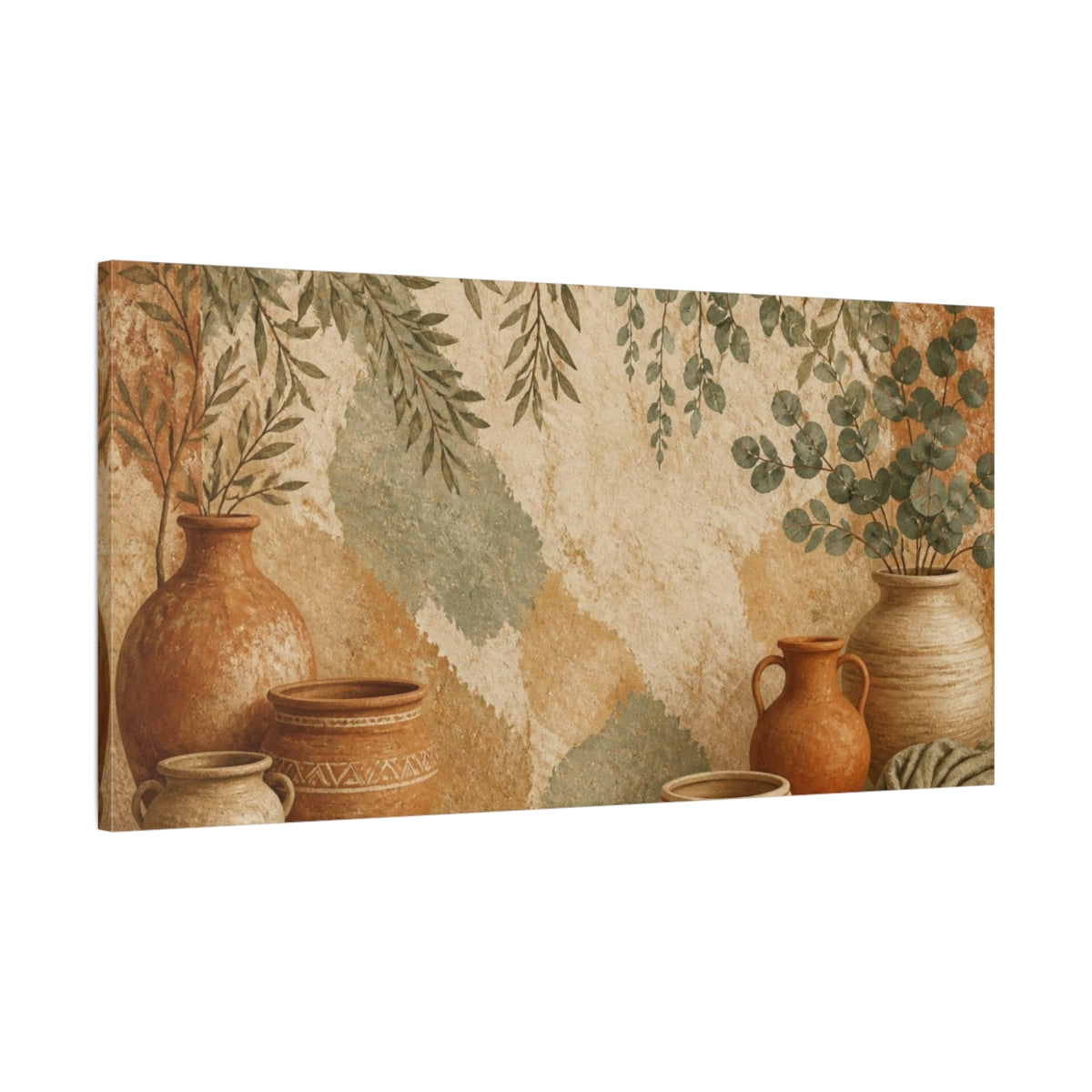 Main Mockup. Boho Terracotta Pots With Eucalyptus shown as canvas print