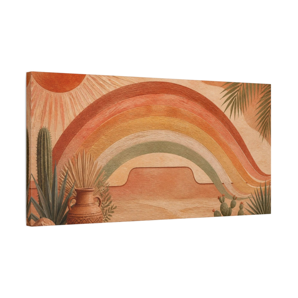 Side Mockup 1. Boho Terracotta Rainbow shown as canvas print