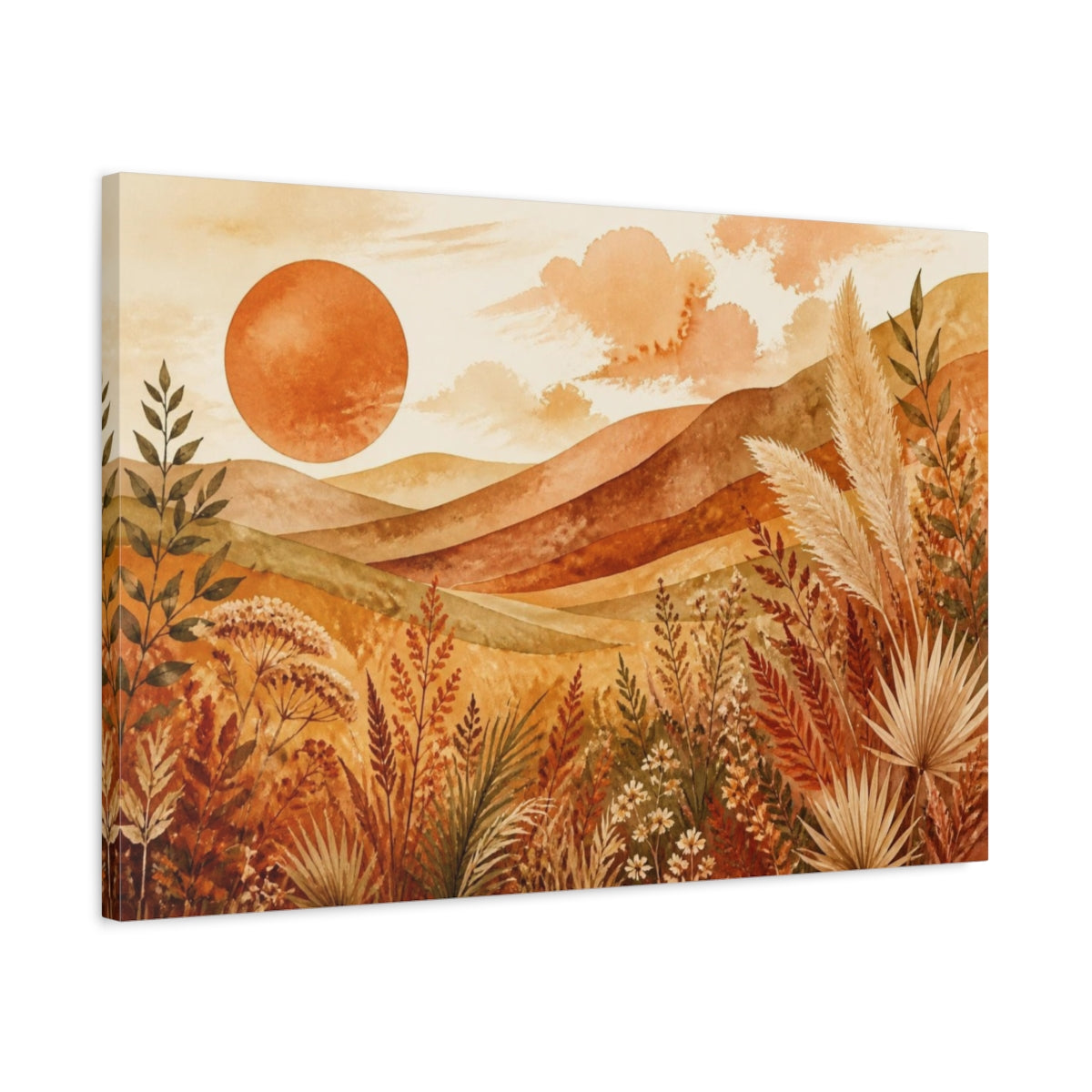 Side Mockup 2. Boho Terracotta Sun shown as canvas print
