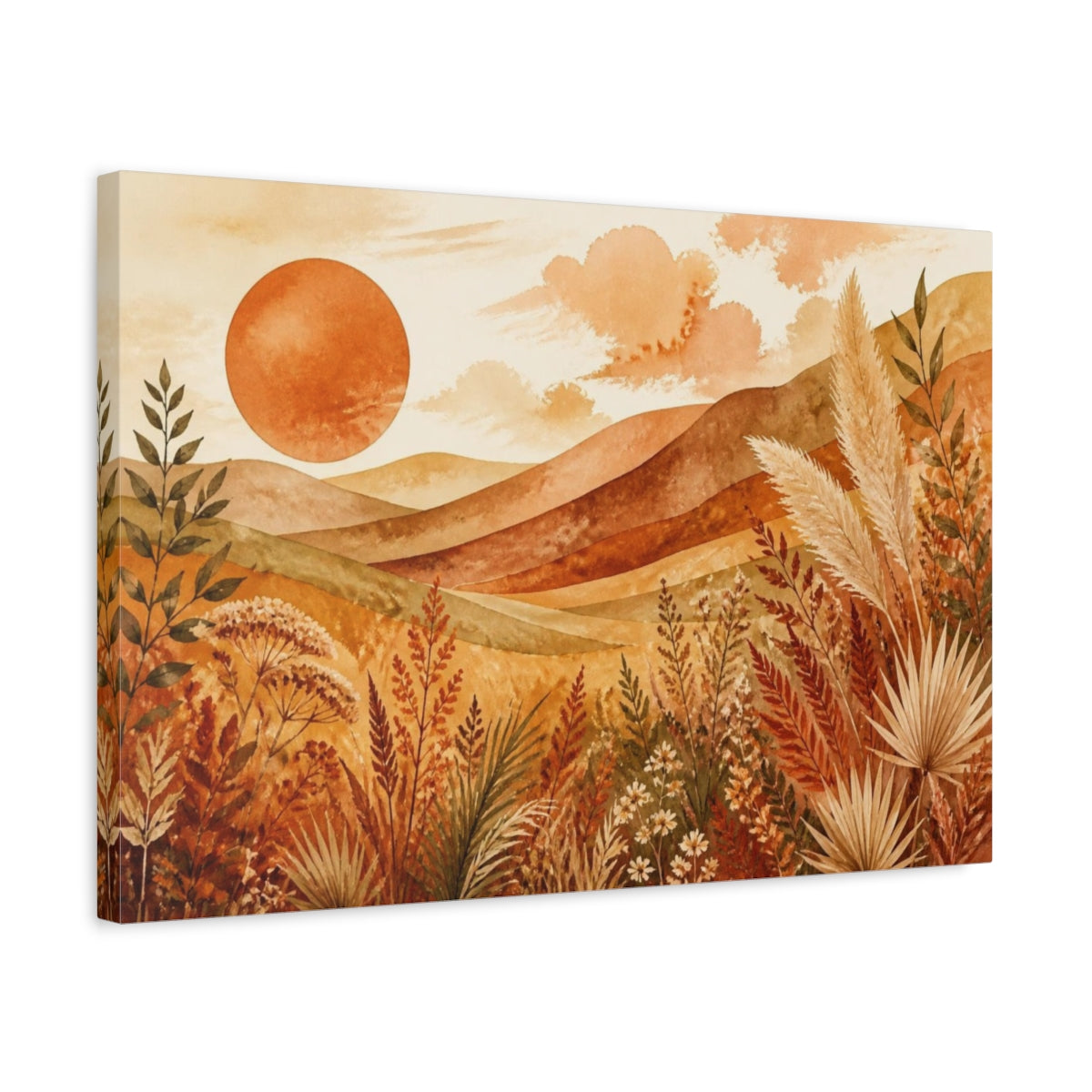 Side Mockup 3. Boho Terracotta Sun shown as canvas print