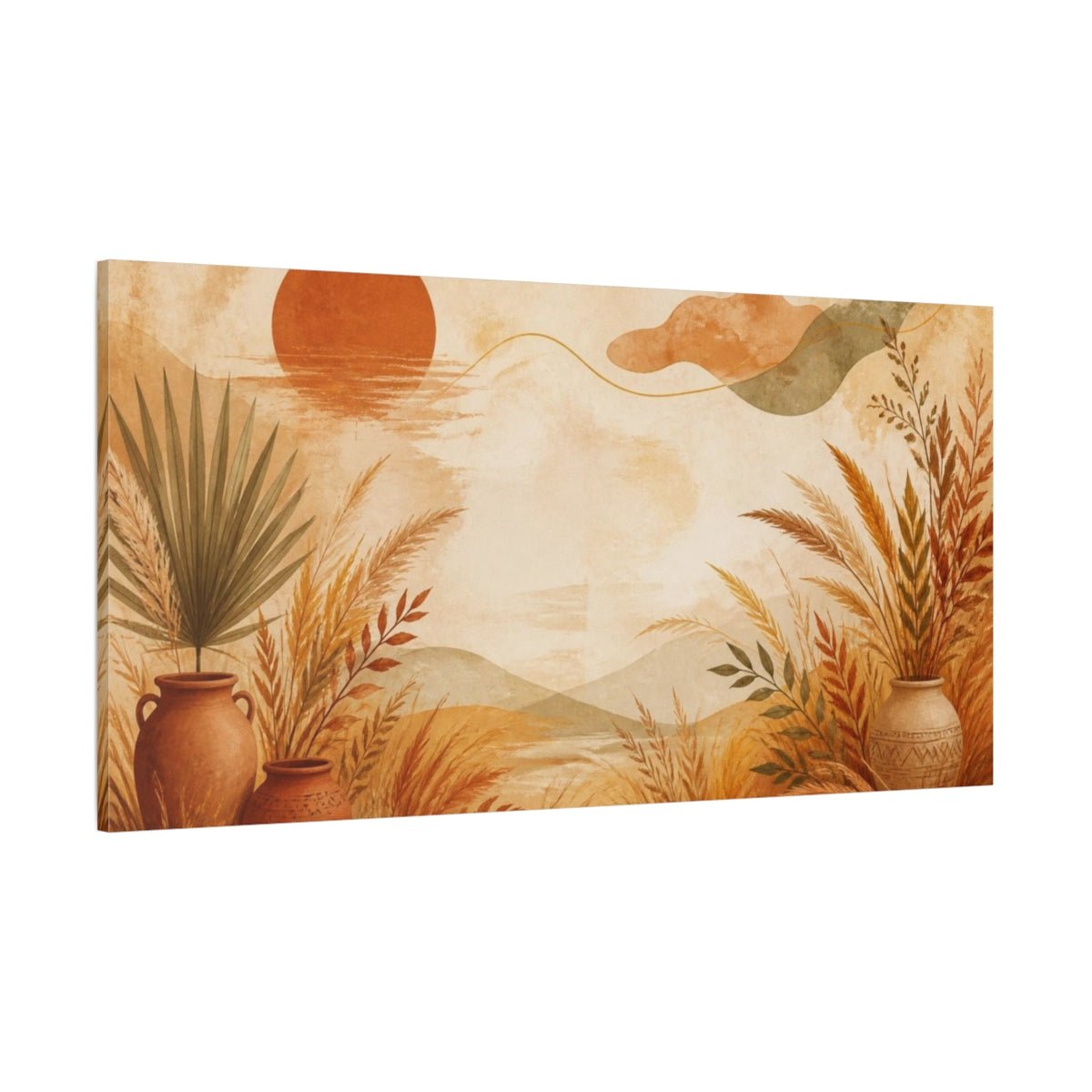 Boho Terracotta Vases Canvas Print – Living Room, Above Fireplace, Rust, Beige & Olive - YesArtYes