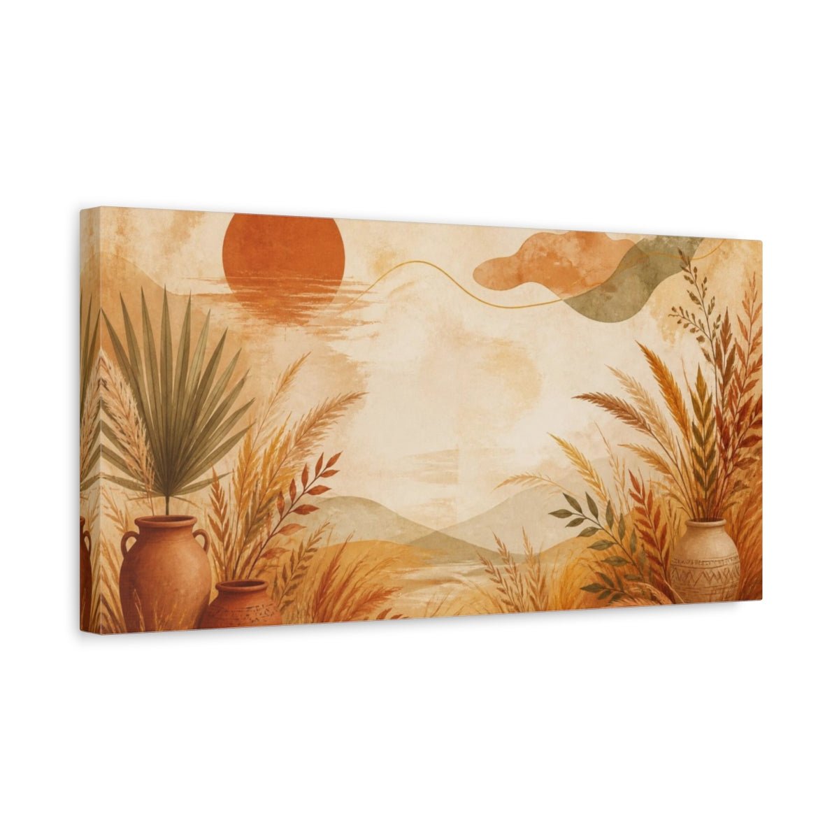 Boho Terracotta Vases Canvas Print – Living Room, Above Fireplace, Rust, Beige & Olive - YesArtYes