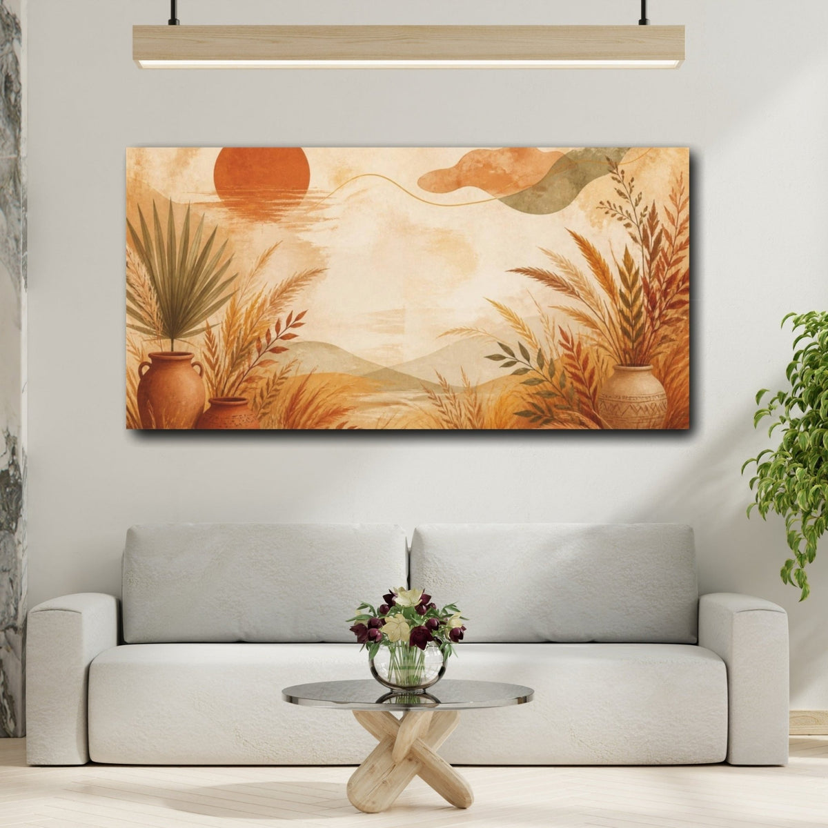 Boho Terracotta Vases Canvas Print – Living Room, Above Fireplace, Rust, Beige & Olive - YesArtYes