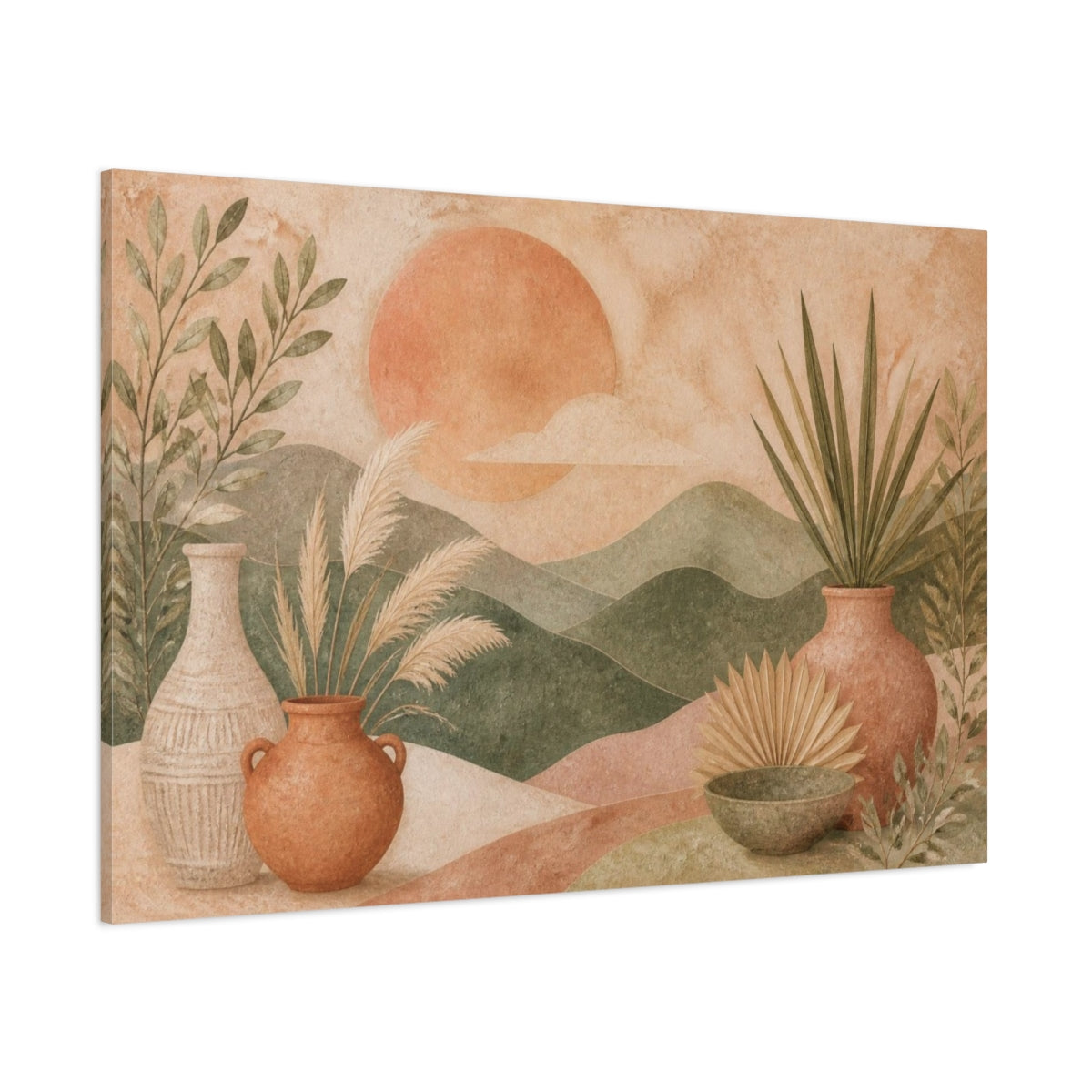 Side Mockup 1. Boho Terracotta Vases shown as canvas print