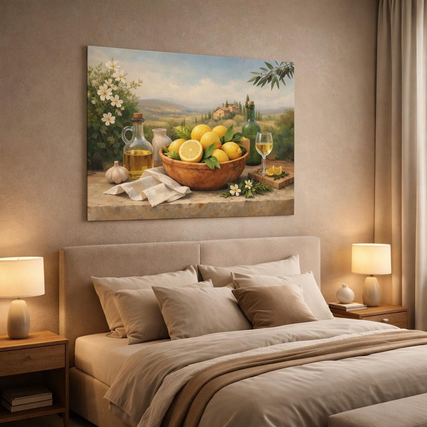 Boho Tuscan Lemons shown as canvas wall art in a luxury bedroom
