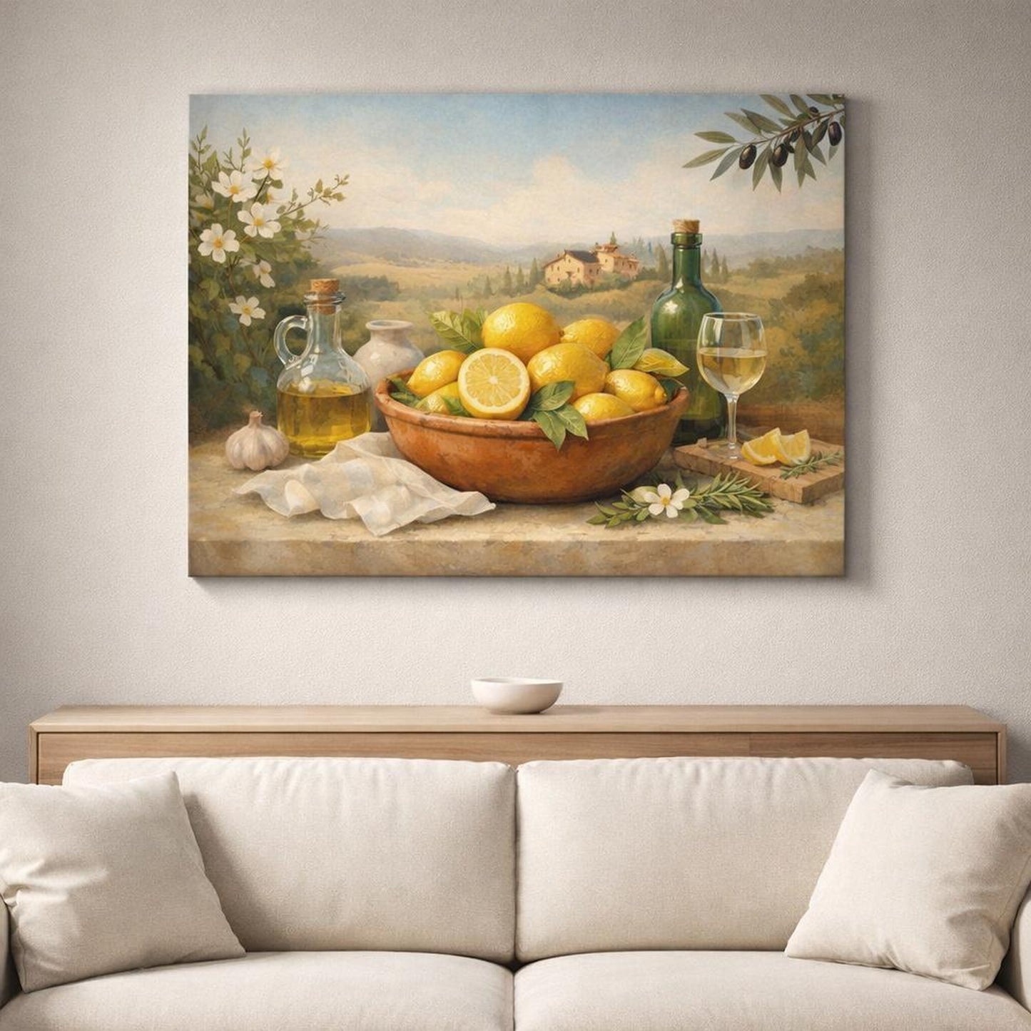 Boho Tuscan Lemons shown as canvas wall art in a refined dining room