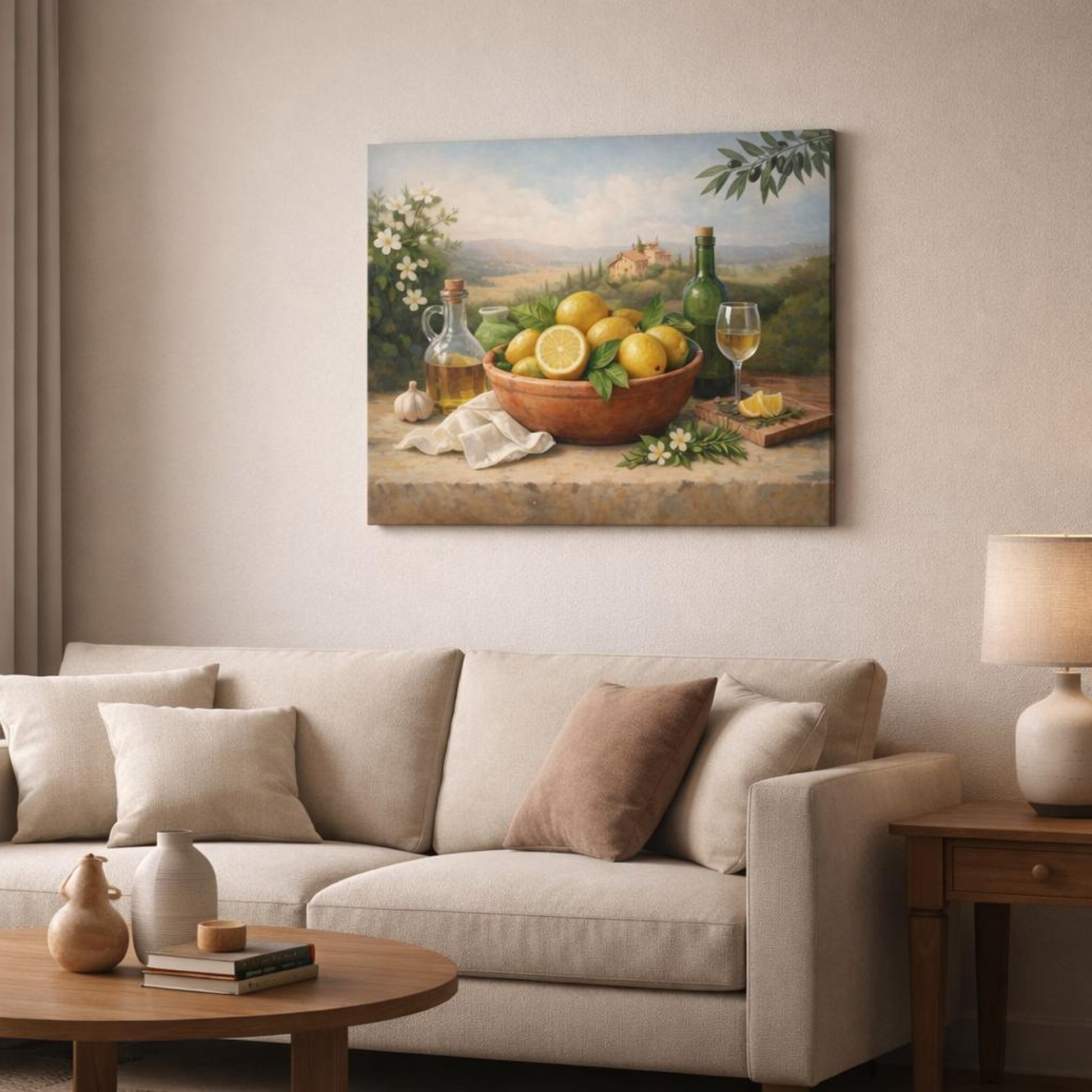 Boho Tuscan Lemons shown as canvas wall art in a modern living room