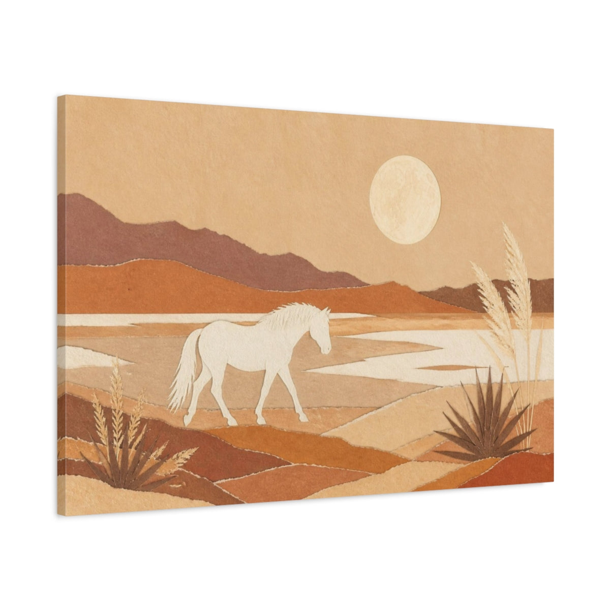 Main Mockup. Boho White Horse Landscape shown as canvas print