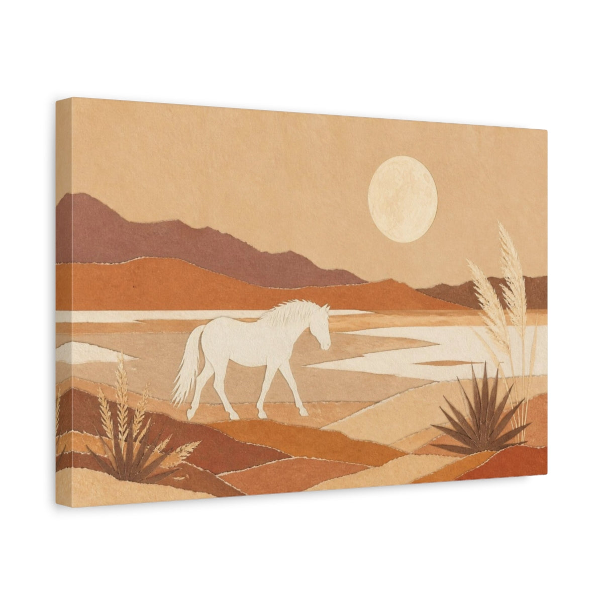 Side Mockup 4. Boho White Horse Landscape shown as canvas print
