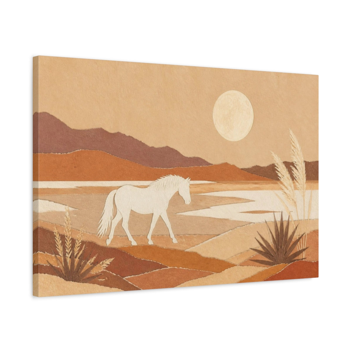 Side Mockup 2. Boho White Horse Landscape shown as canvas print