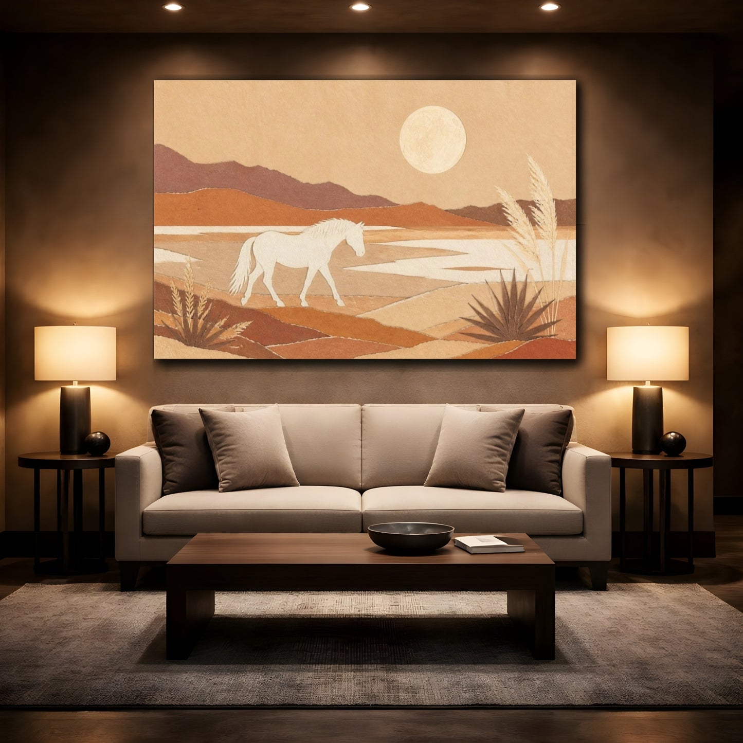 Mockup 2. Boho White Horse Landscape shown as canvas print