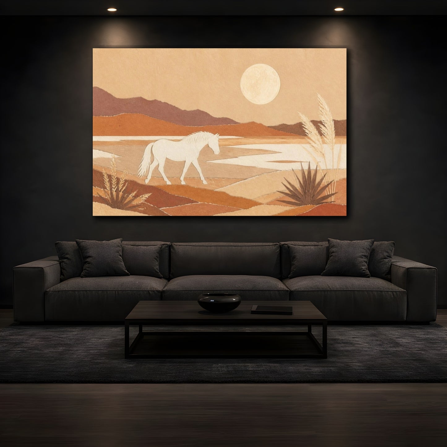 Mockup 3. Boho White Horse Landscape shown as canvas print