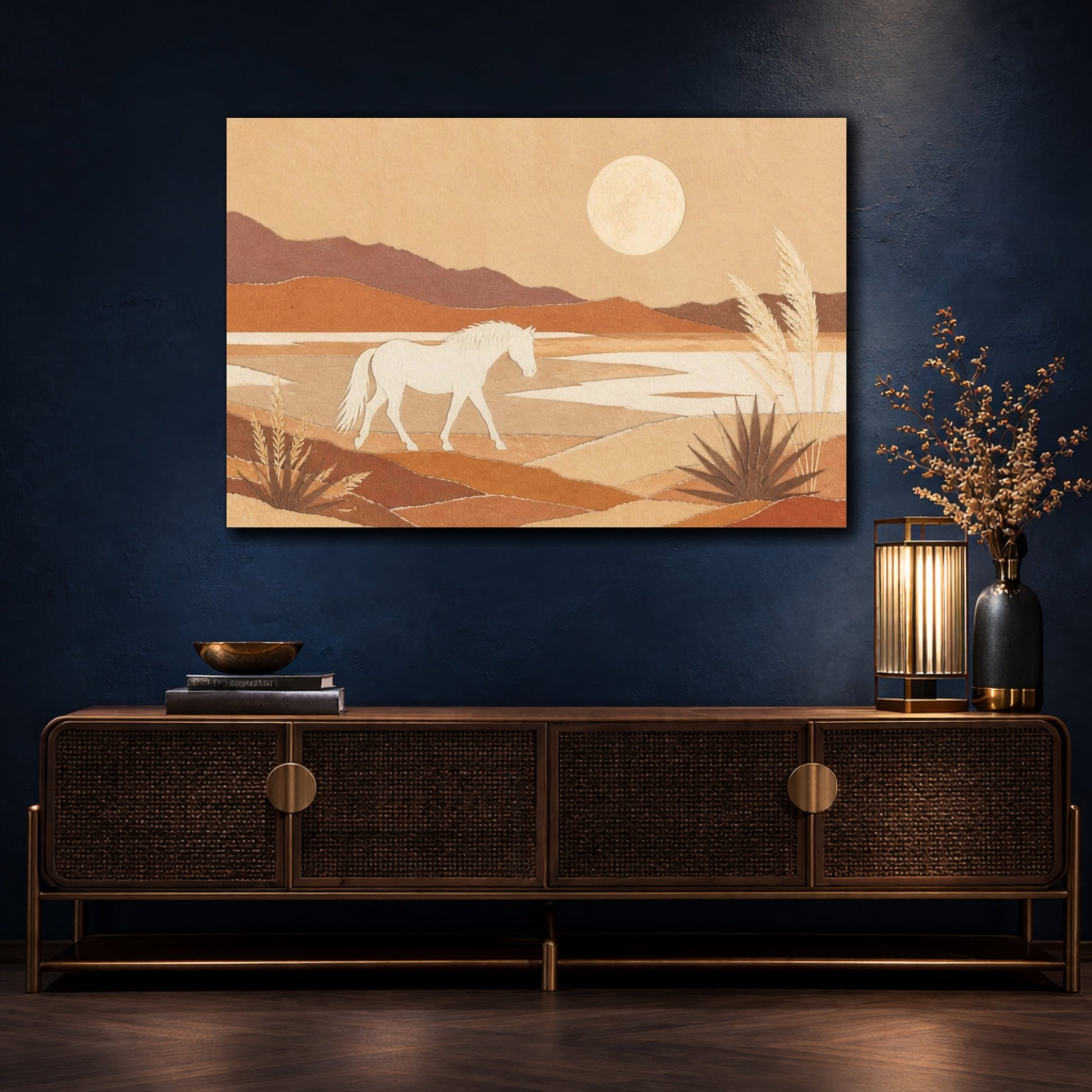 Mockup 4. Boho White Horse Landscape shown as canvas print