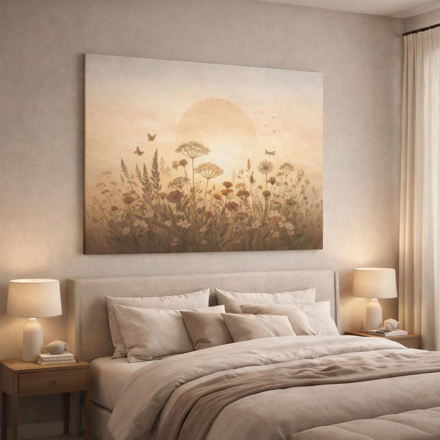 Boho Wildflowers shown as canvas wall art in a luxury bedroom