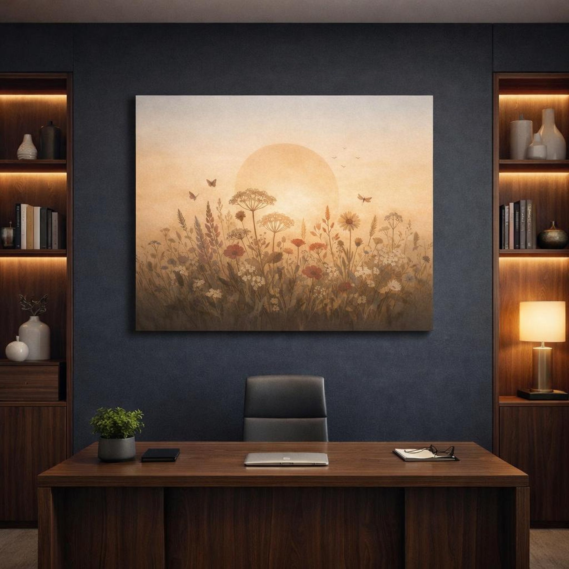 Boho Wildflowers shown as canvas wall art in a refined dining room