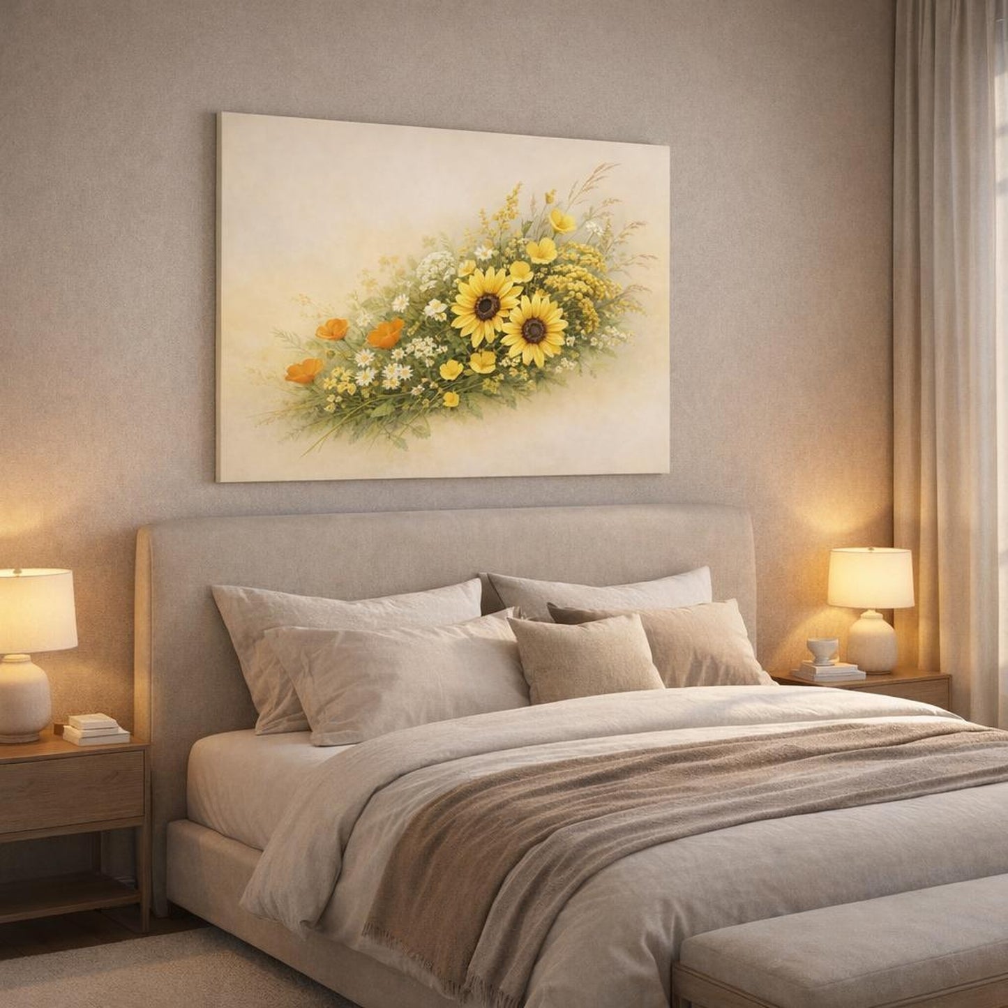 Boho Wildflowers Yellow shown as canvas wall art in a luxury bedroom